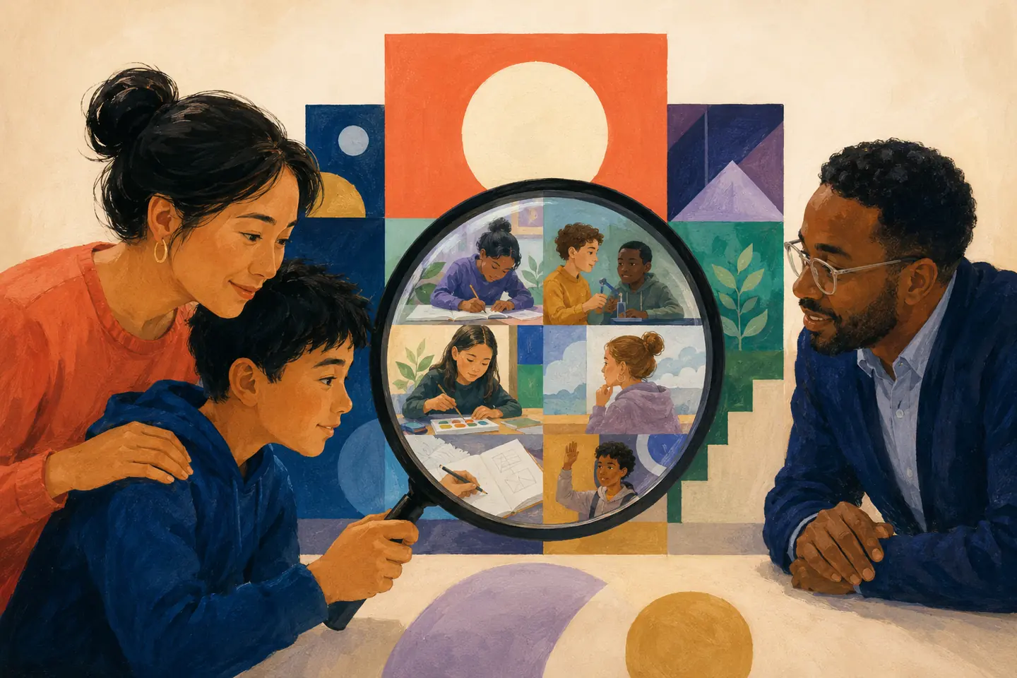 Editorial illustration: A student, caregiver, and teacher use a large magnifying glass to examine a mosaic of classroom work, habits, participation, and progress.