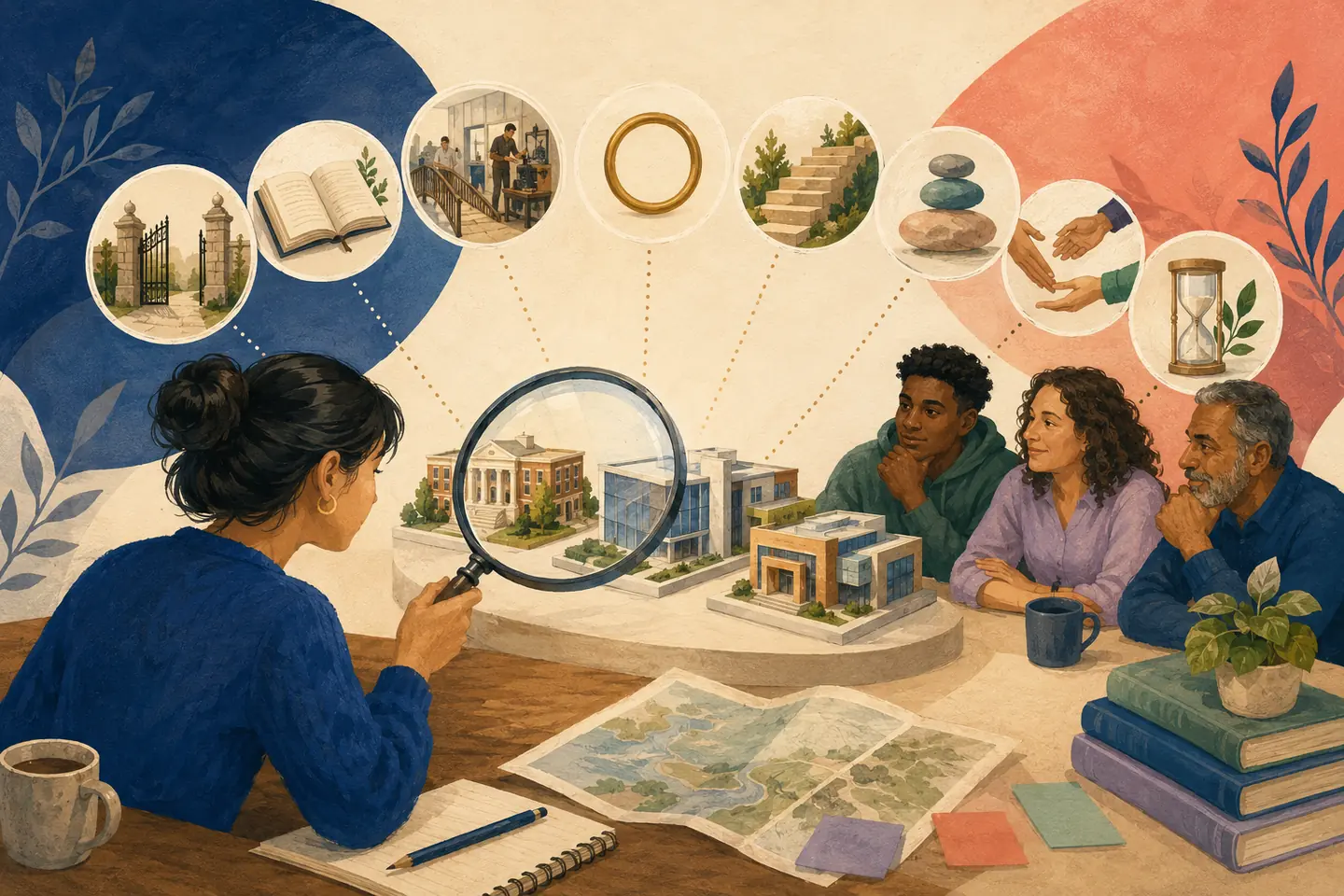 Editorial illustration: A student uses a magnifying glass to compare generic program models while surrounding scenes represent requirements, course content, work experience, recognition, progression, cost, support, and source freshness.