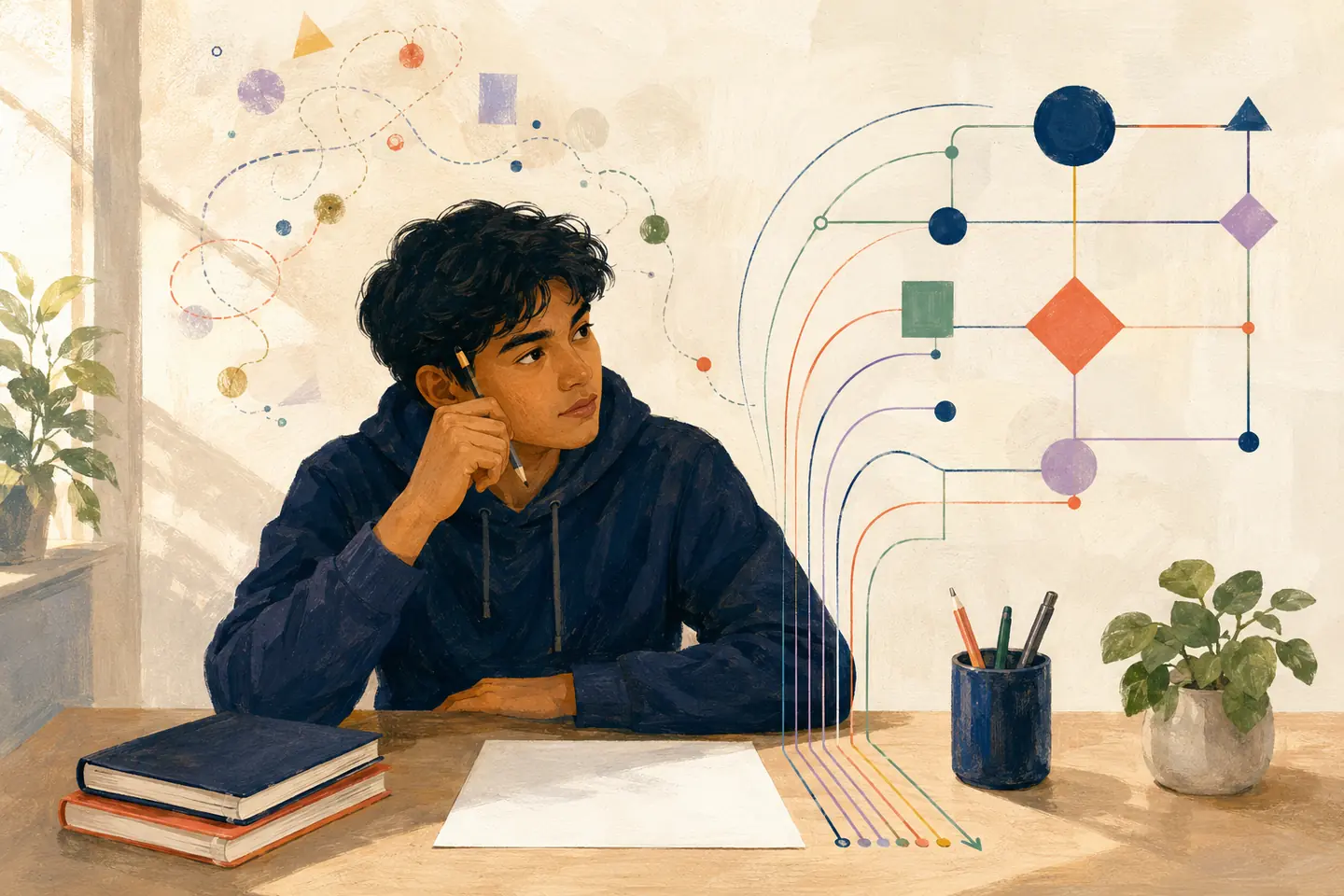 Editorial illustration: A student pauses over a blank page with closed notes beside them as loose geometric thought paths resolve into an orderly visual system.
