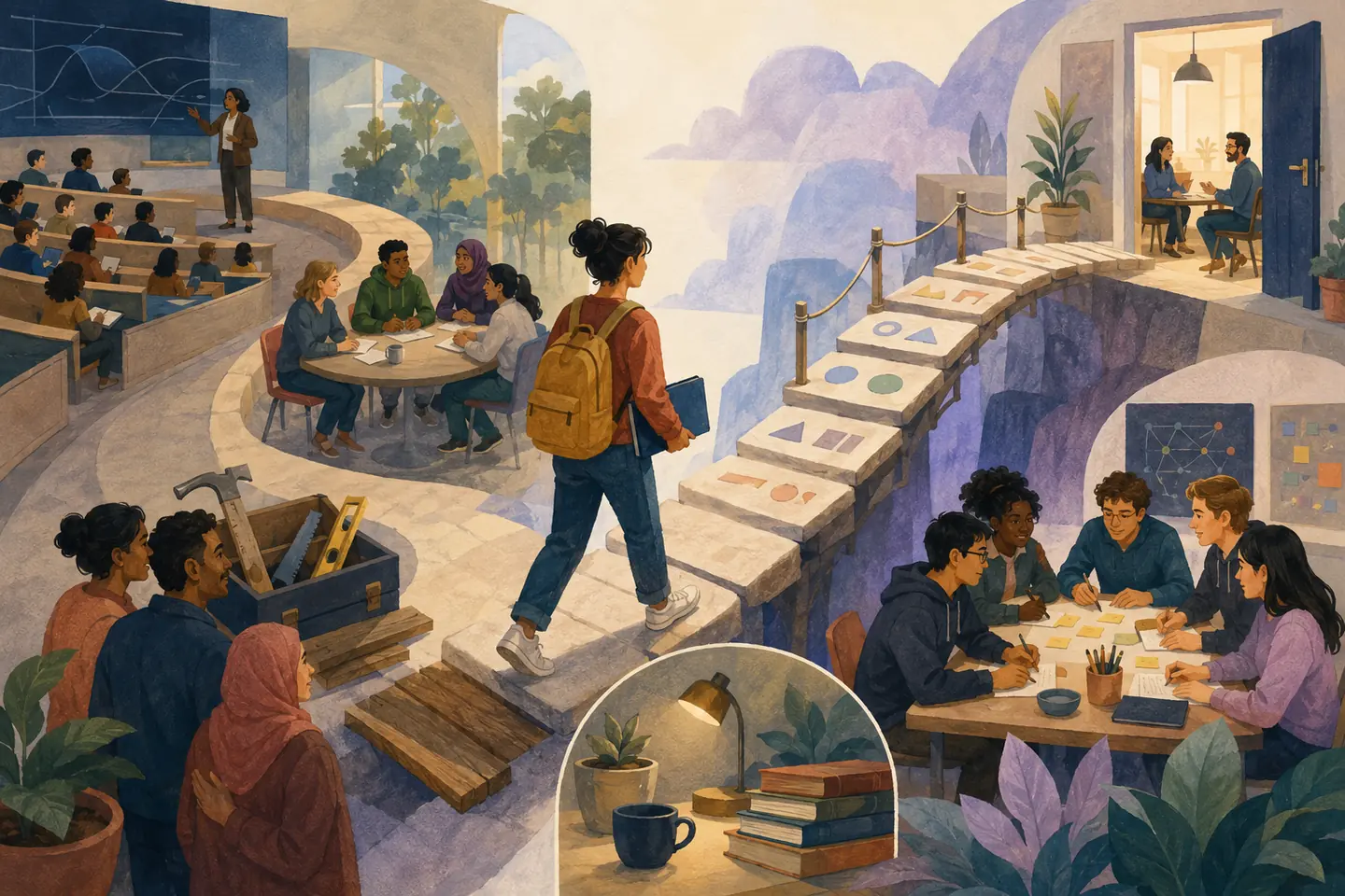 Editorial illustration: A university student crosses a logical stepping-stone bridge connecting a lecture hall, tutorial table, problem-set workshop, quiet study corner, and open office-hours door.