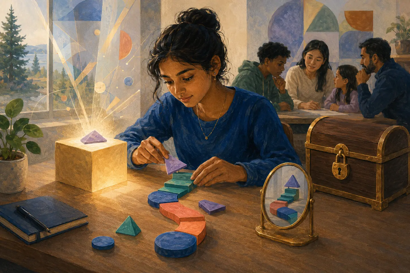 Editorial illustration: A student uses one illuminated hint piece to build a geometric path by hand while a locked answer chest and a checking mirror wait nearby.