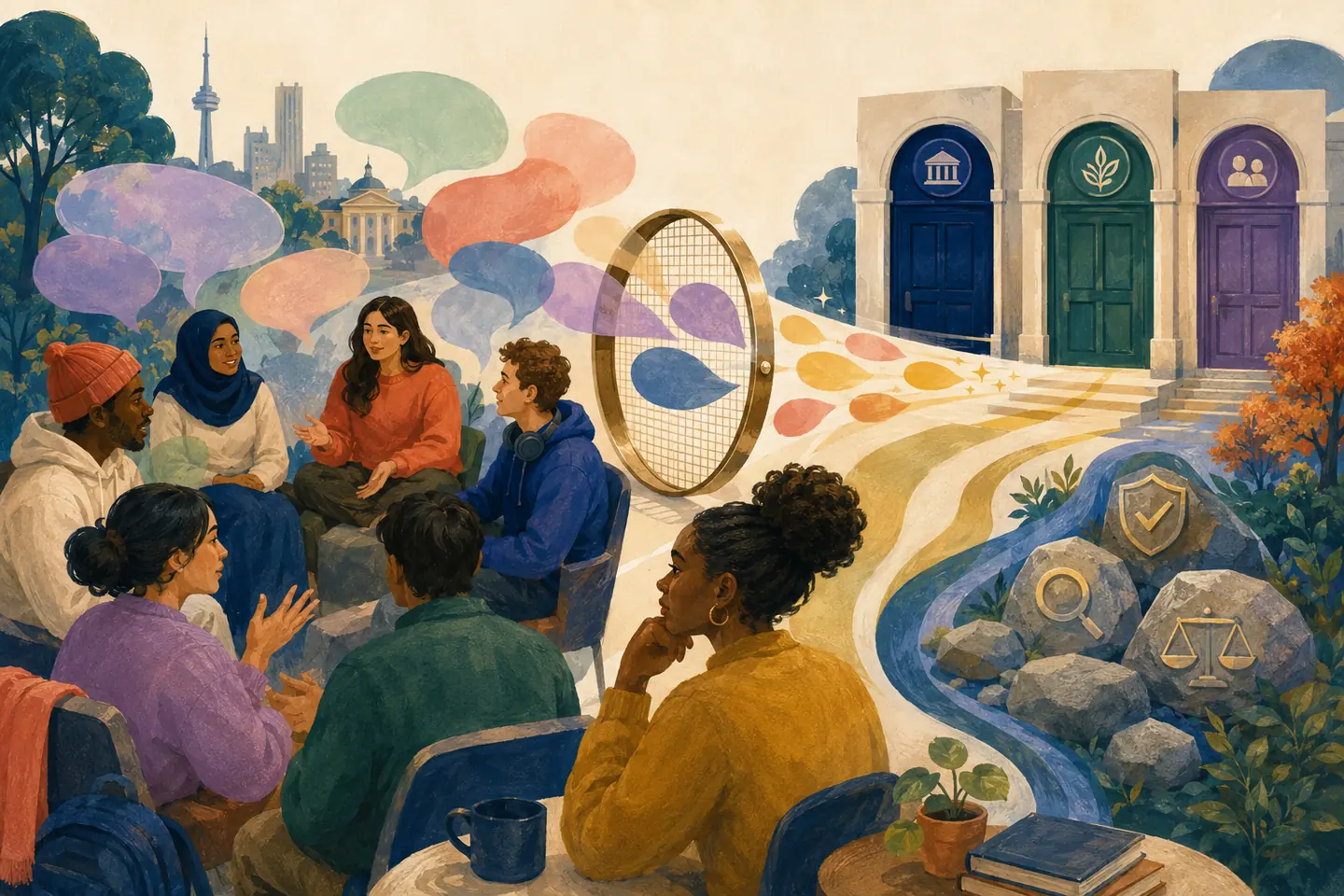 Editorial illustration: A circle of students shares unlabeled conversation shapes that pass through a sieve toward sturdy evidence stones and source-owner doors.