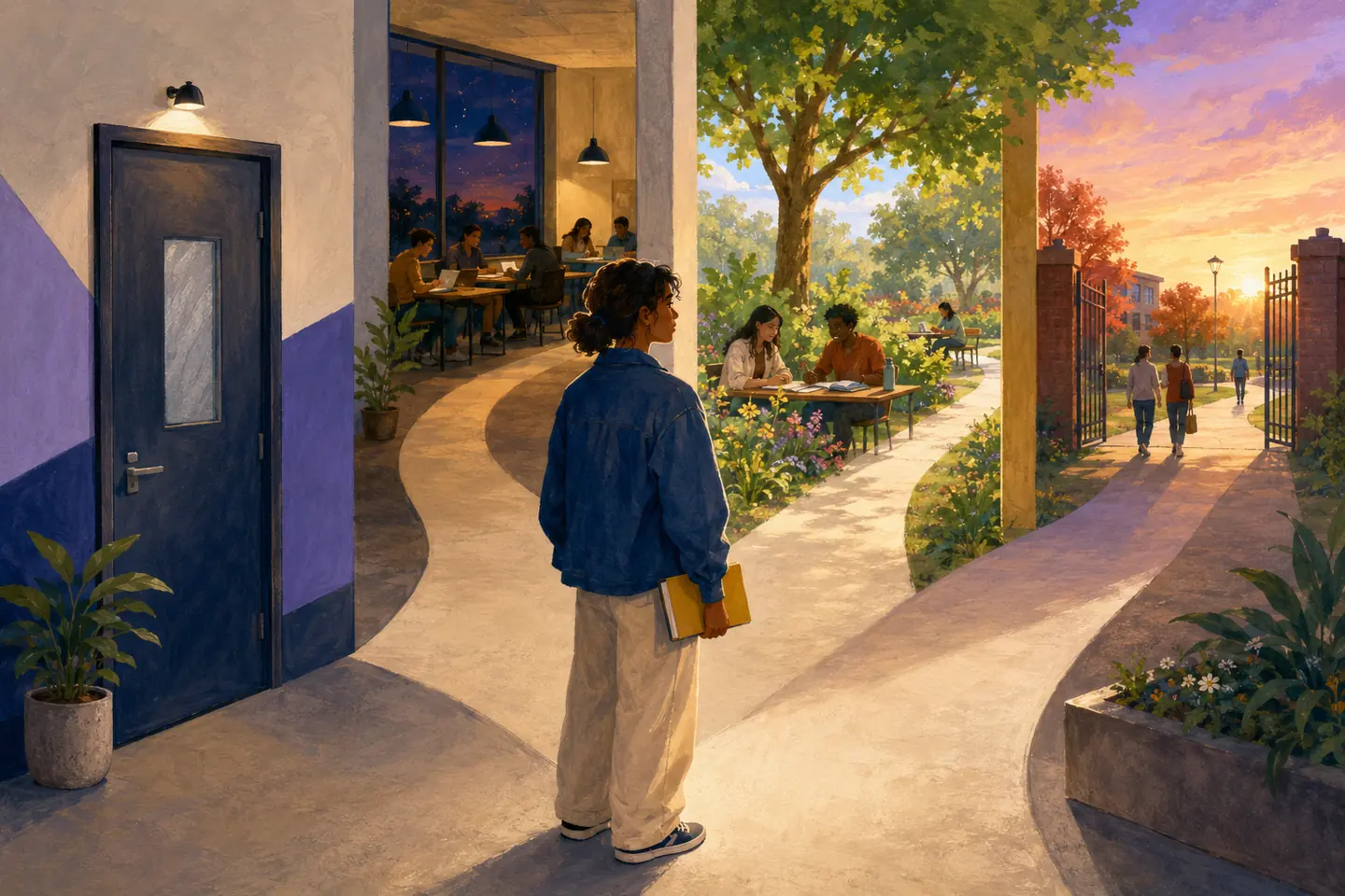 Editorial illustration: A student pauses beside one closed door while visible paths lead toward an evening classroom, an outdoor study table, and an open campus gate.