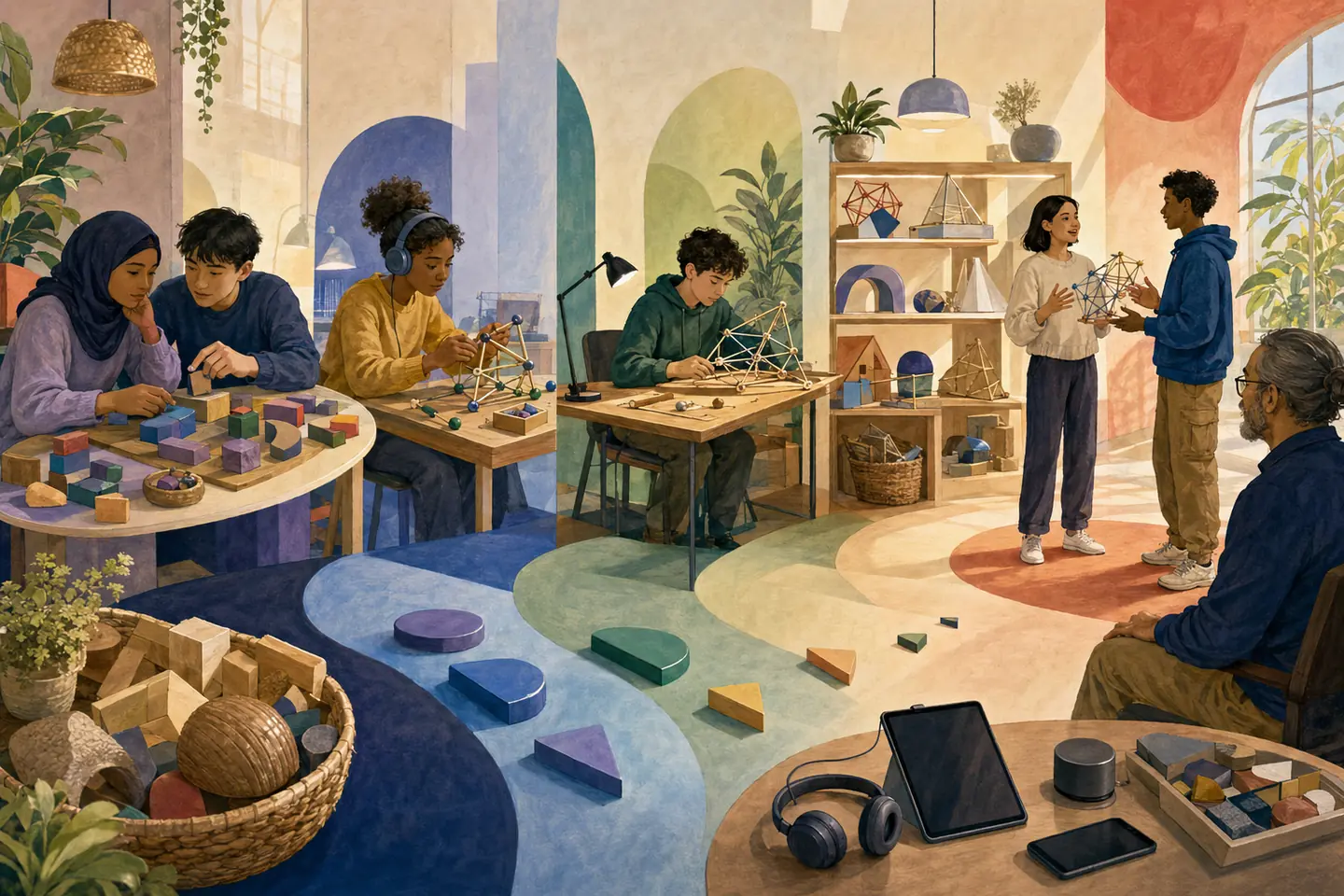 Editorial illustration: Students design, test, revise, and explain physical constructions through increasingly independent and accessible studio stages while a mentor observes.