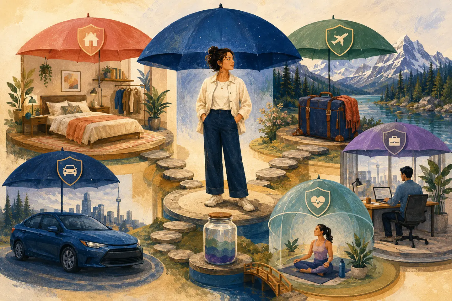 Editorial illustration: A young adult stands among differently sized protective canopies for a rental home, car, travel, health, and work risks.