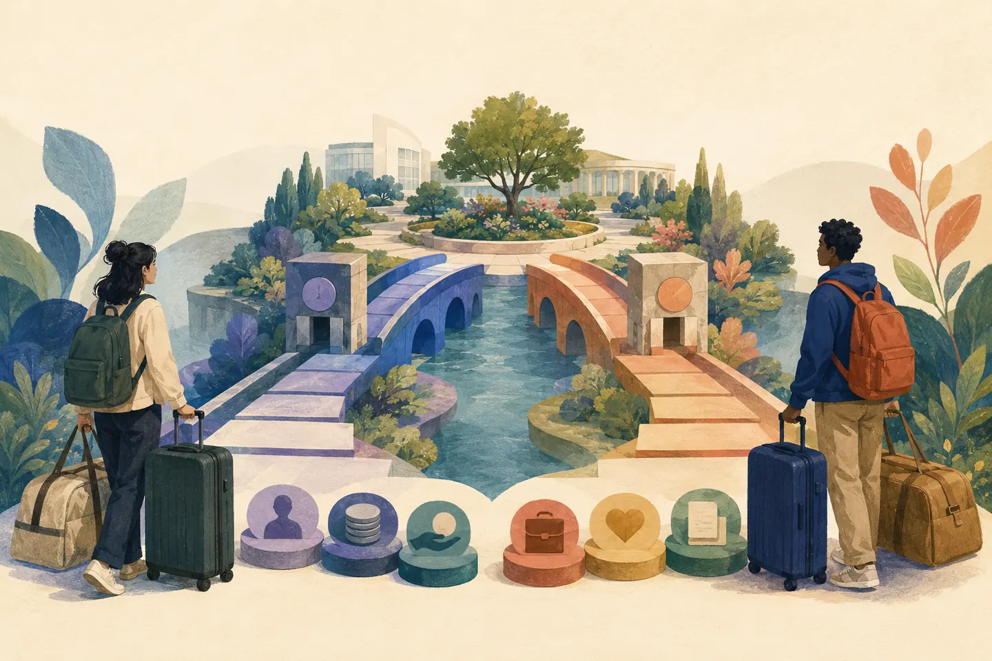 Editorial illustration: Two students with different luggage and resource tokens approach the same learning garden across separate bridges and neutral checkpoints.