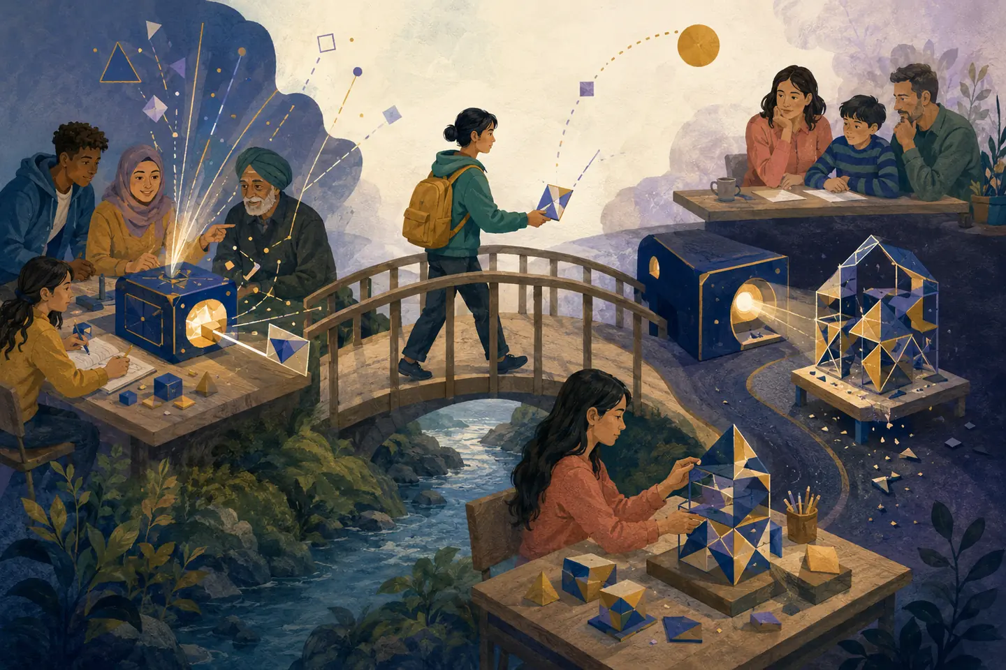 Editorial illustration: A student carries one geometric hint from an abstract pattern engine across a bridge to build a new structure independently while a hollow automated structure sits apart.