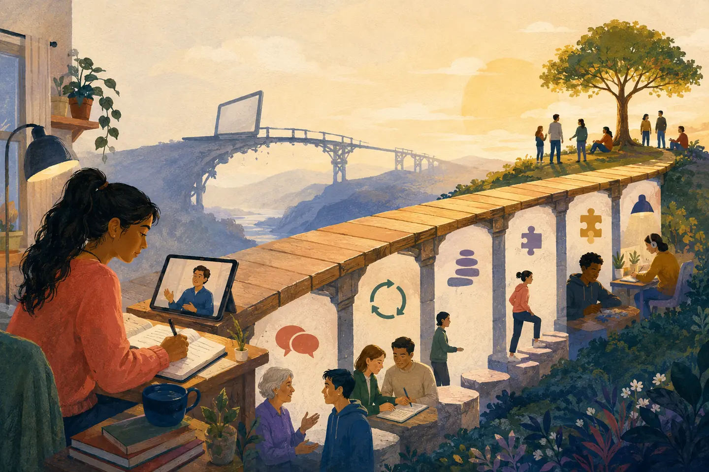 Editorial illustration: A student crosses a bridge supported by conversation, feedback, routines, practice, and independent work while a screen-only bridge fades in the distance.