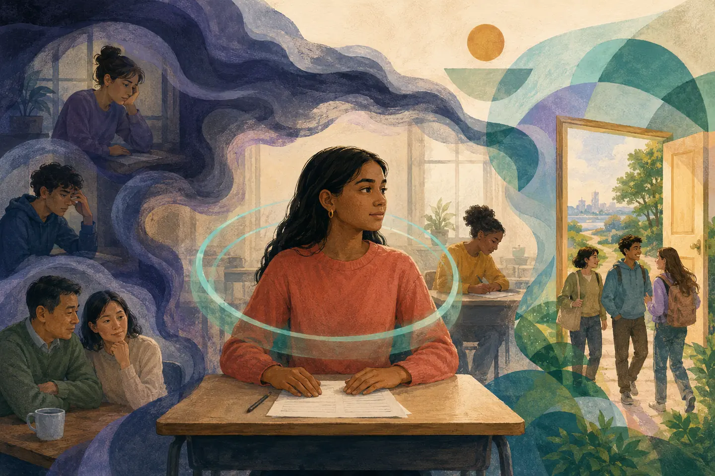 Editorial illustration: A grounded student sits at a test desk as a dark wave of worry loosens into calm translucent shapes and an open sunlit doorway.