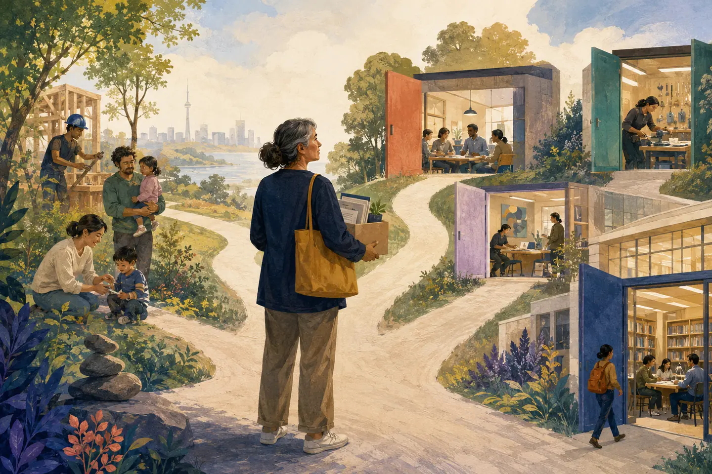 Editorial illustration: An adult learner carrying a box of prior experience stands where work and family paths branch toward an adult class, upgrading room, college studio, and university library.