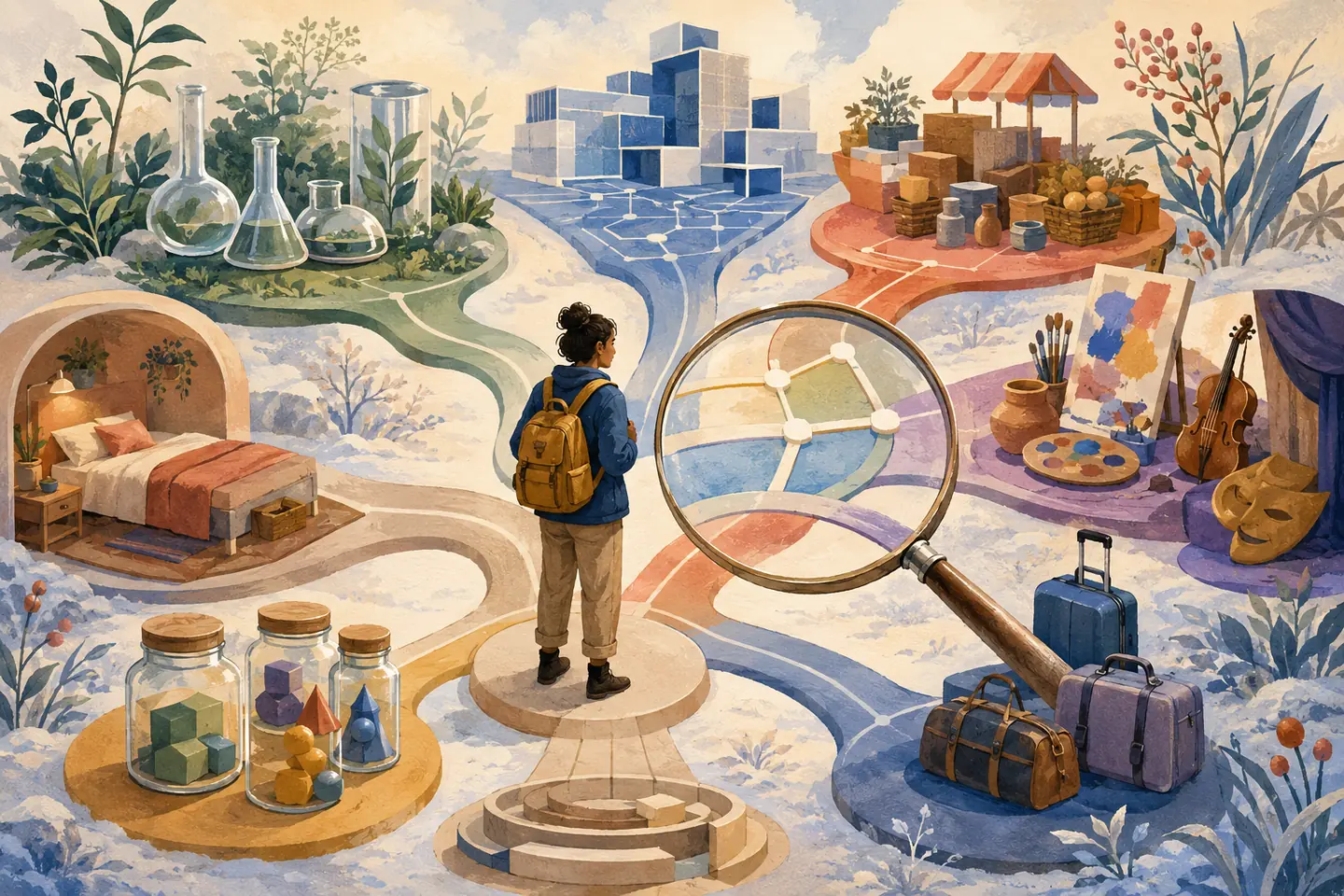 Editorial illustration: A student in a generic winter garden compares abstract routes toward science, engineering, business, arts, housing, costs, and travel while a lens reveals uncertainty.