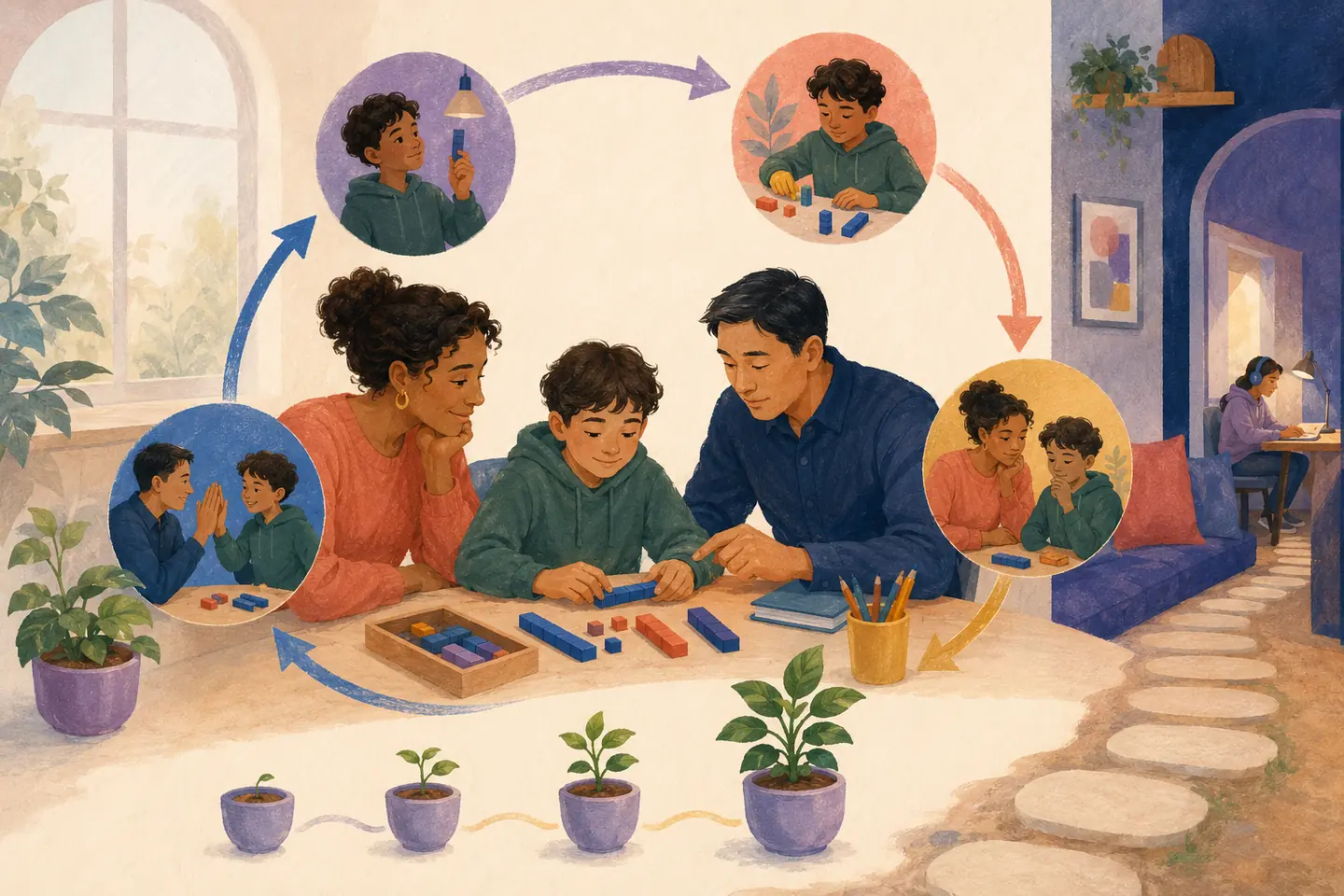 Editorial illustration: A child, caregiver, and teacher practise one skill through a repeating four-part loop as four small plants show steady growth.