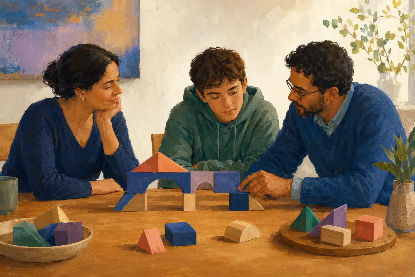 Editorial illustration: A teen, parent, and educator calmly inspect a geometric bridge with a missing foundation piece before rebuilding it together.