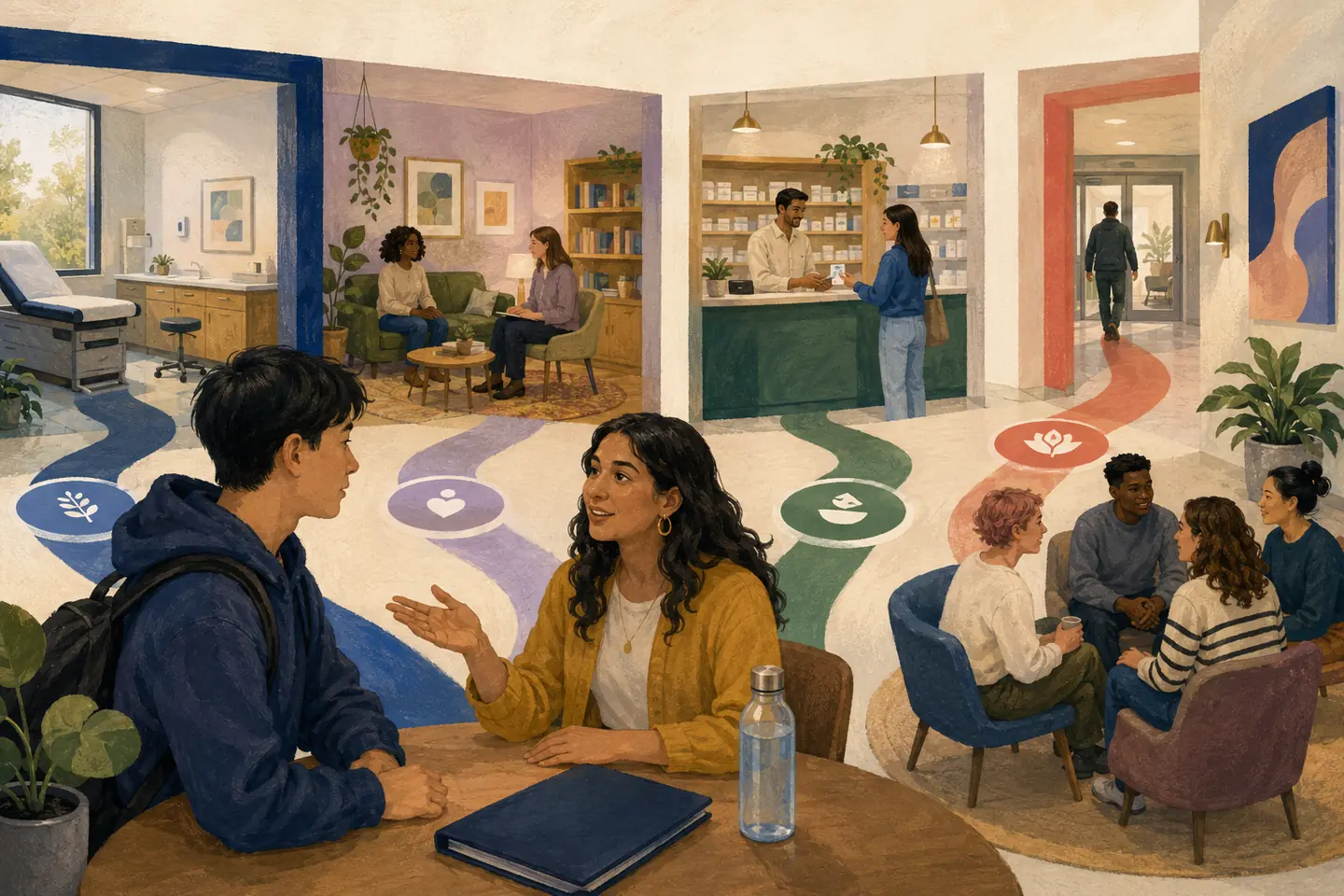 Editorial illustration: A student and compassionate navigator sit in a calm care hub where colored paths lead toward routine, counselling, pharmacy, urgent, and peer support.