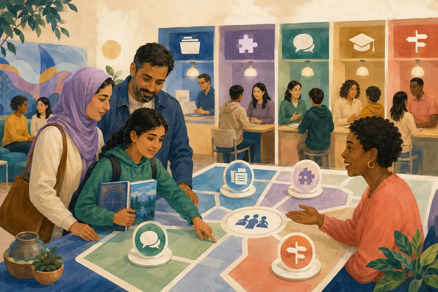 Editorial illustration: A newcomer family and student explore a warm orientation table whose coloured routes connect registration records, placement, language support, graduation, and future planning.