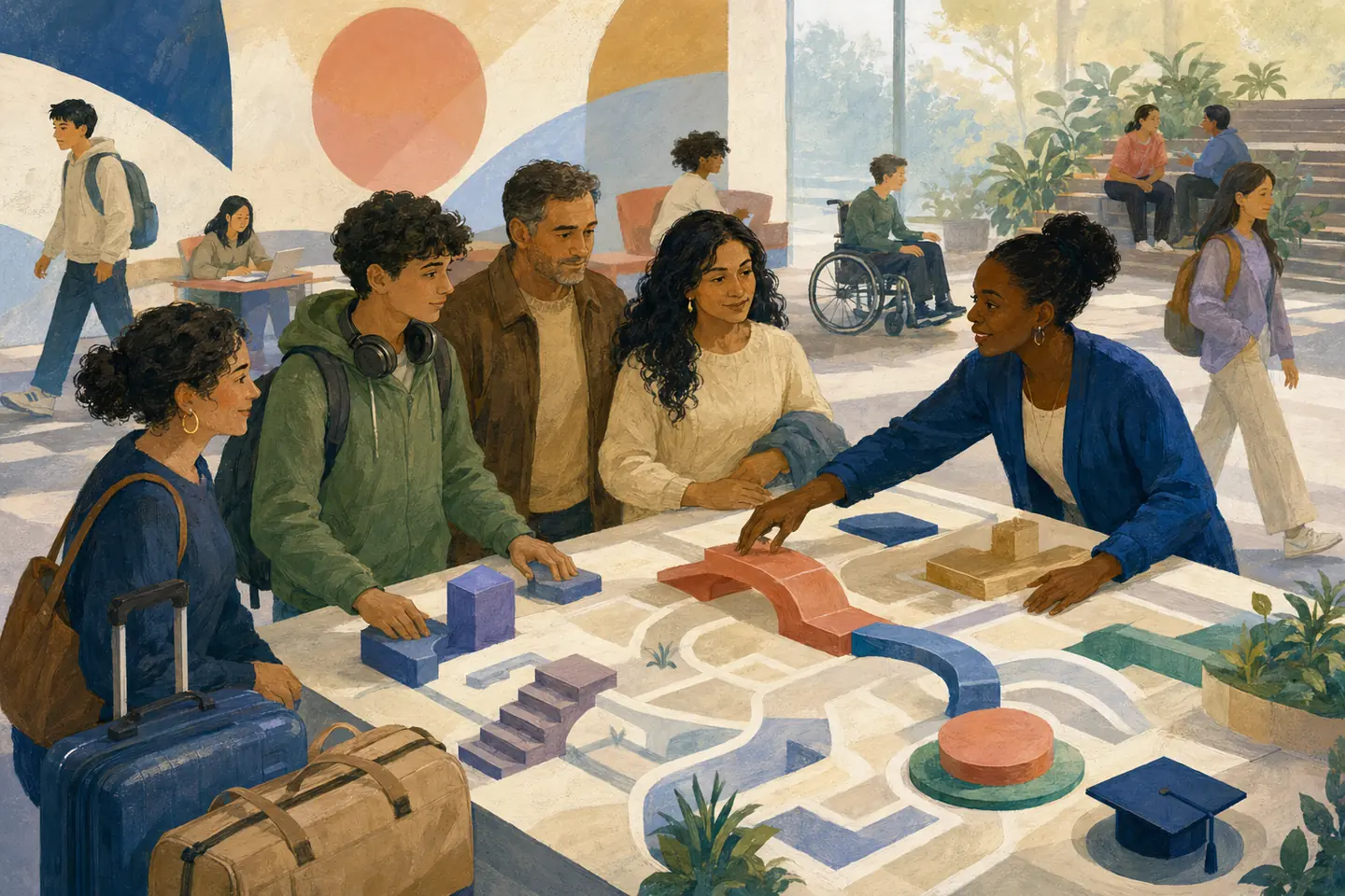 Editorial illustration: A newcomer student and family place prior learning, language support, accessibility, graduation, and future-route pieces on a welcoming school map.
