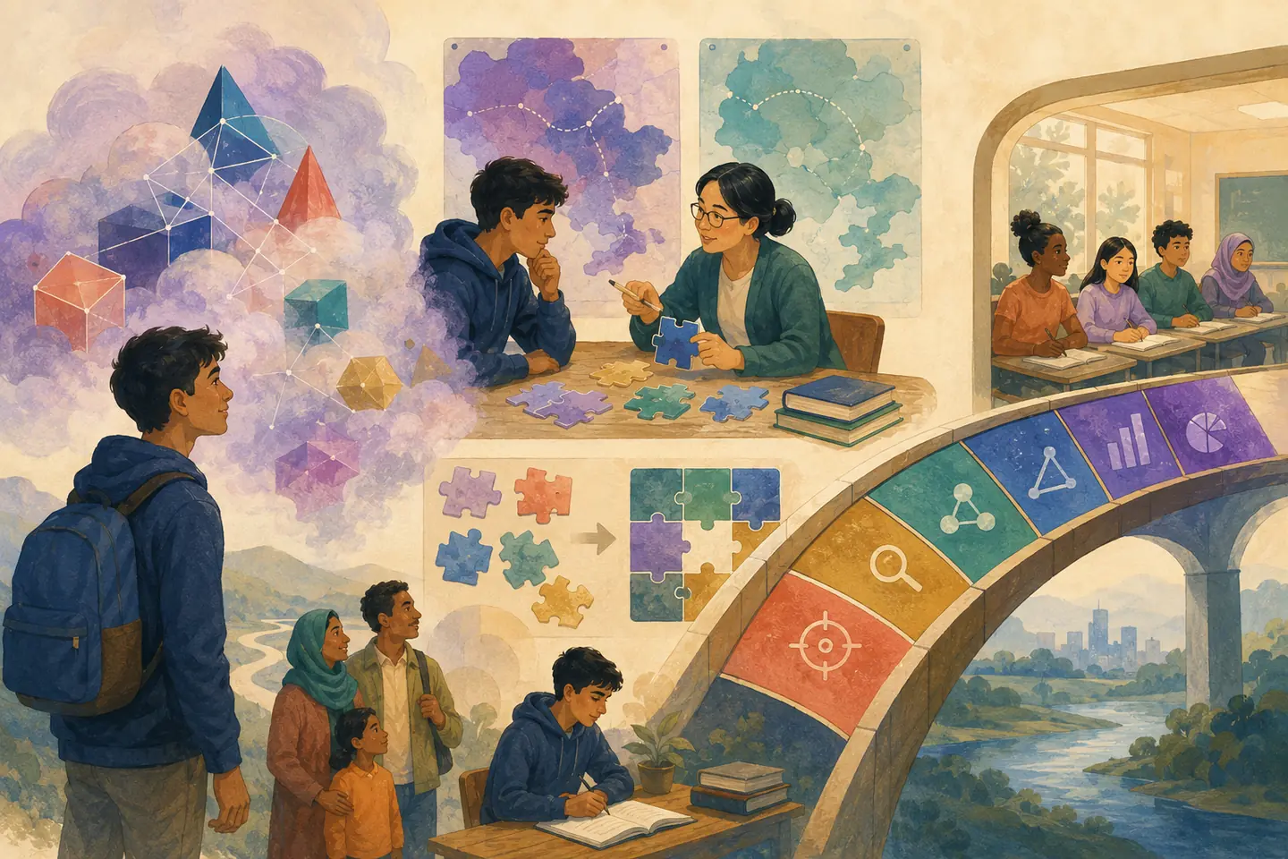 Editorial illustration: A student brings a strong geometric structure through a mist of unfamiliar vocabulary while a tutor sorts language pieces and builds a targeted bridge into an Ontario classroom.