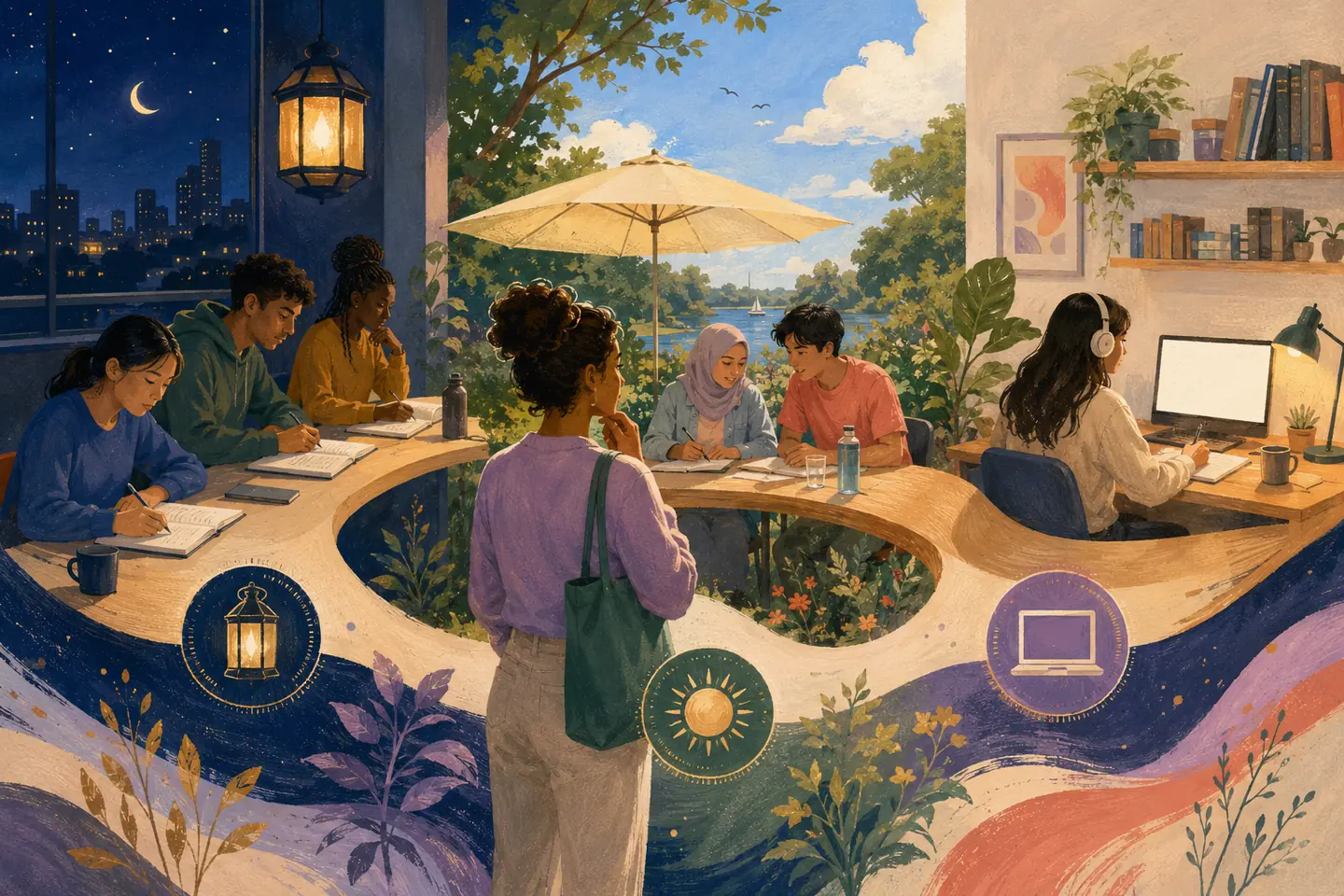 Editorial illustration: A learner surveys three study settings joined by one flowing desk ribbon: a lantern-lit class, a sunny outdoor table, and a quiet home workspace.