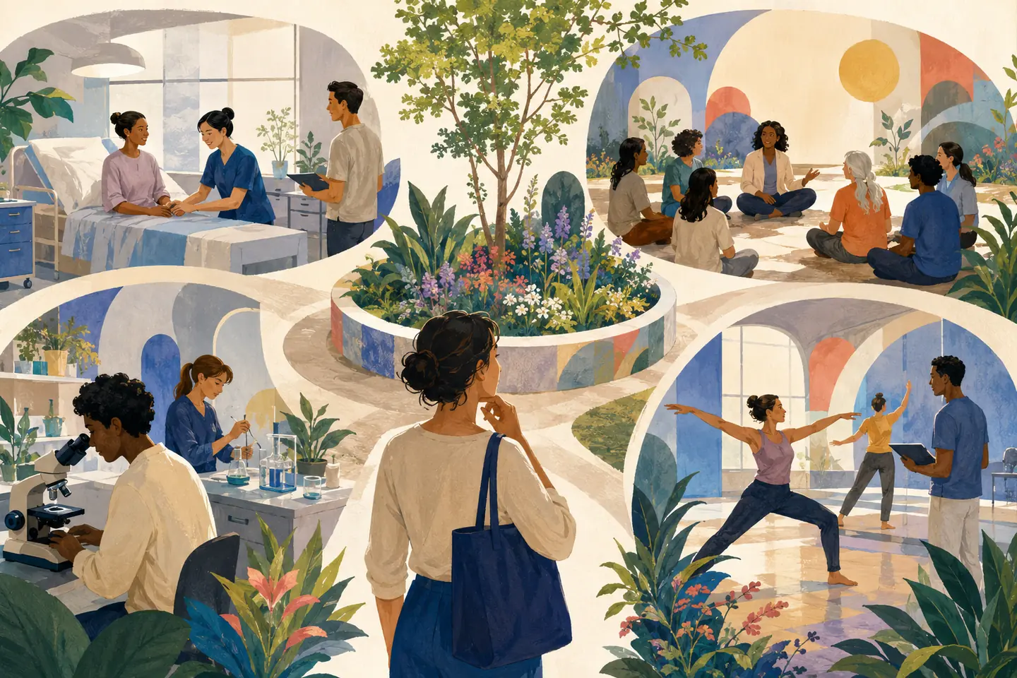 Editorial illustration: A student compares clinical care, community health, biological research, and movement study around a shared garden of well-being.