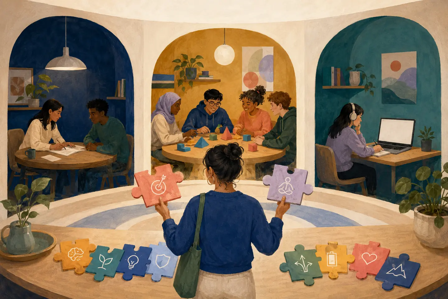 Editorial illustration: A student at the centre of a circular hub compares a side-by-side lesson, a collaborative group, and a quiet online study alcove while holding different need pieces.