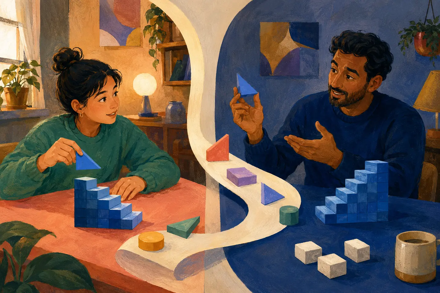 Editorial illustration: A student and remote tutor exchange shared geometric pieces along a flowing ribbon while each builds a staircase independently.