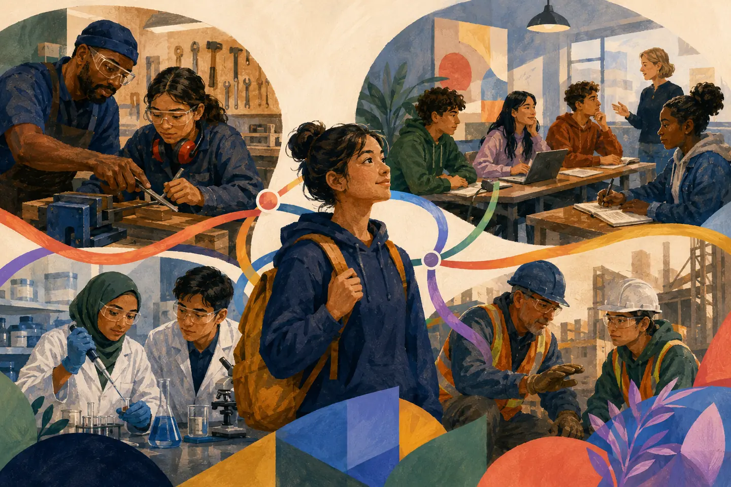 Editorial illustration: A high-school student explores connected workshop, classroom, laboratory, and supervised worksite experiences with guidance from mentors.