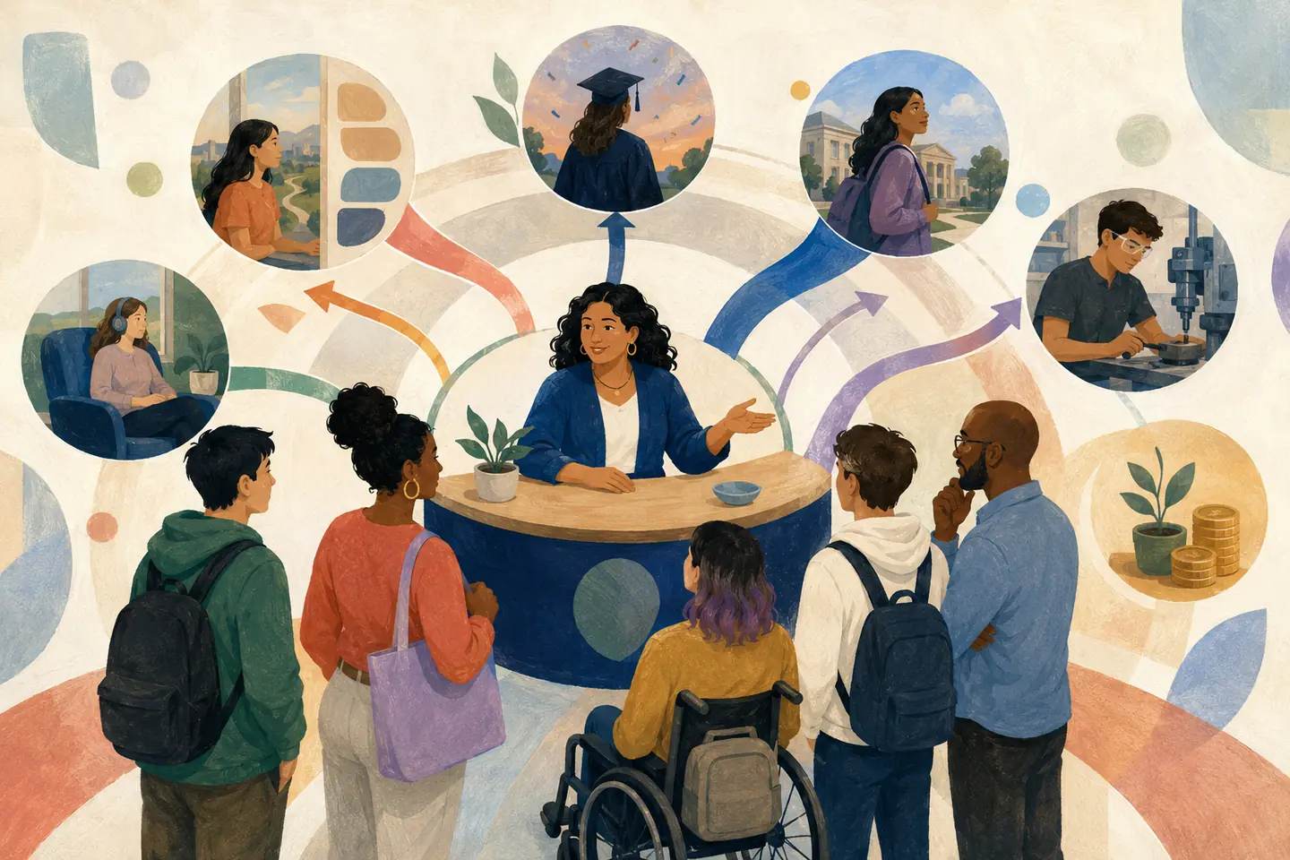 Editorial illustration: A guidance counsellor welcomes students and a parent at a central hub where paths lead toward graduation, university, trades, support, and money questions.