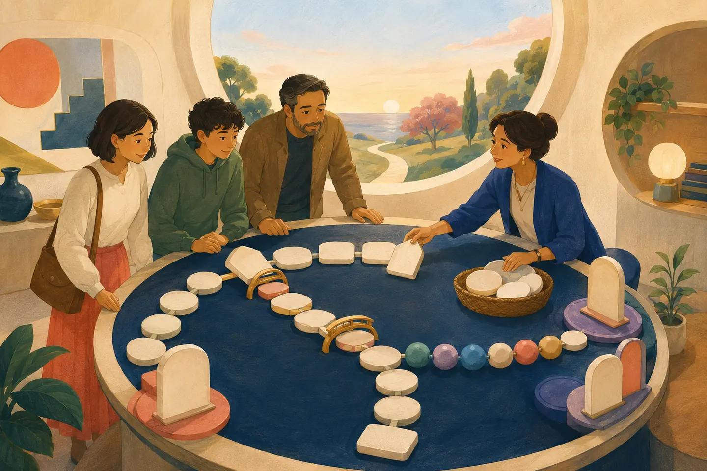 Editorial illustration: A family and advisor organize blank stepping stones, bridges, beads, backup doors, and support pieces into a clear planning route.