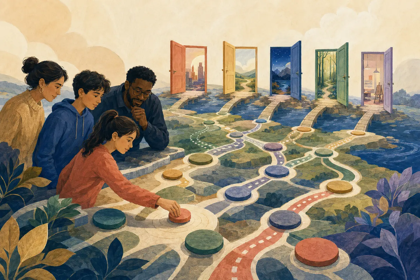 Editorial illustration: A student, family, and guidance mentor place present course tokens on pathways that work backward from several open future doors.