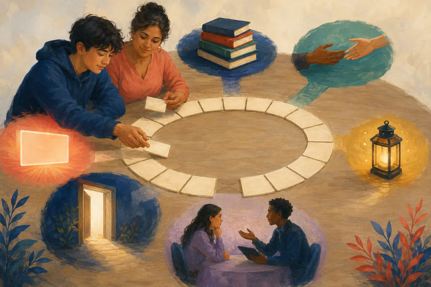 Editorial illustration: A student and caregiver build a nearly complete circle of blank credit tiles surrounded by books, helping hands, a screen, a lantern, an open door, and a guidance conversation.