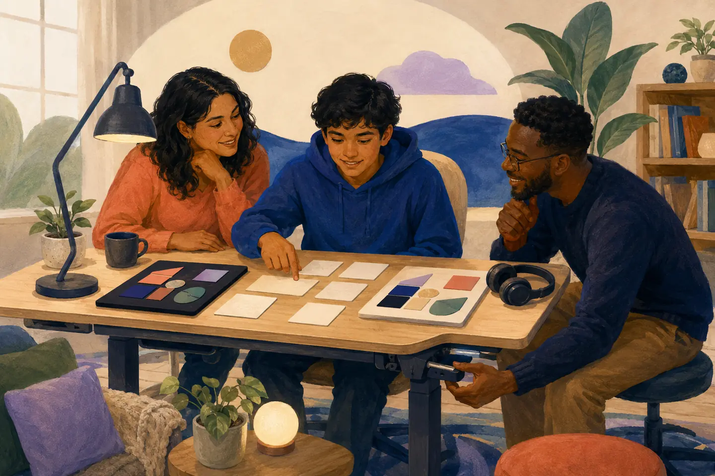 Editorial illustration: A student, caregiver, and educator adjust an accessible study table while comparing blank task cards, visual shapes, headphones, and flexible lighting.