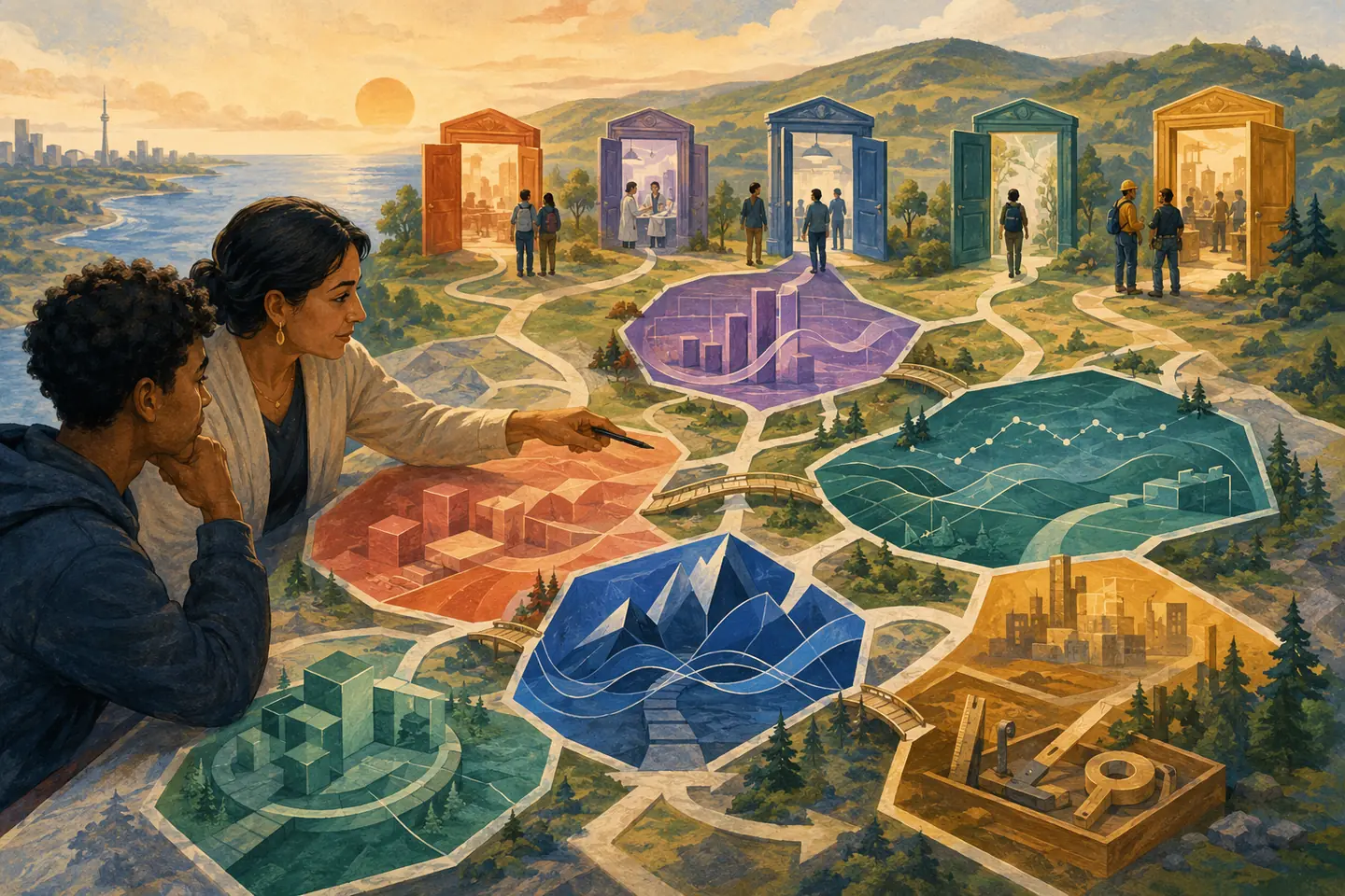 Editorial illustration: A student and guidance counsellor survey a branching landscape of abstract math toolkits, connected course paths, and different open program doors.