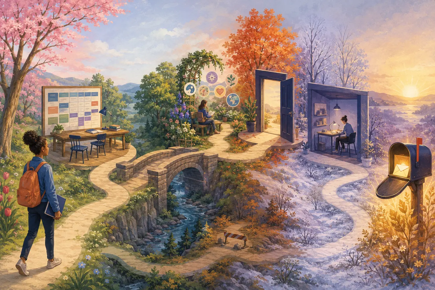 Editorial illustration: A student follows a multi-season path through planning, research, a prerequisite bridge, an application door, focused work, and a glowing mailbox while an alternate route stays open.