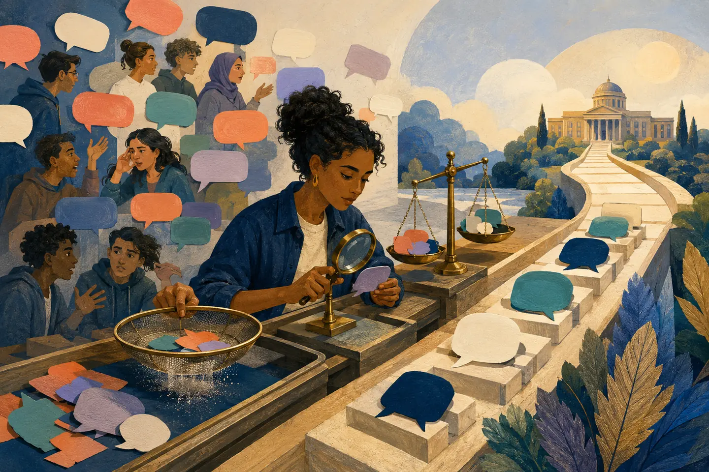 Editorial illustration: A student filters blank community speech pieces through a sieve and balance before placing supported pieces on a university path.