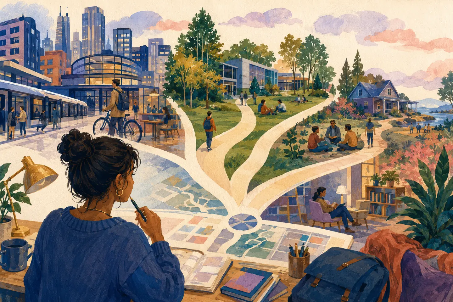 Editorial illustration: A student studies branching paths toward urban, green, residential, and smaller campus environments while comparing how each setting changes daily life.
