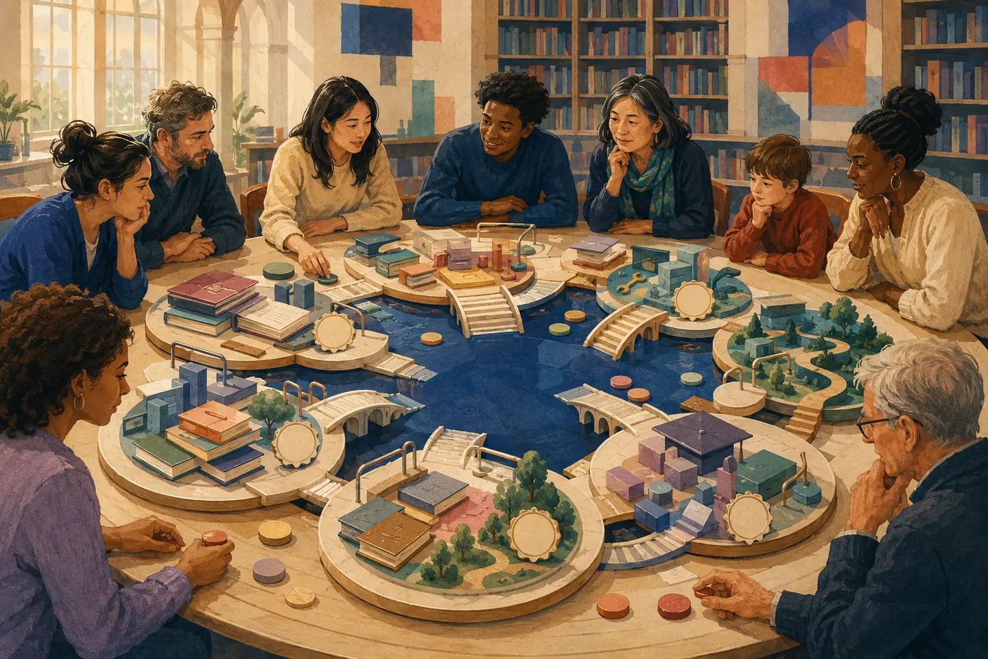 Editorial illustration: Students and families compare several equal program islands built from curriculum, experience, cost, support, campus, and outcome pieces around a circular table.