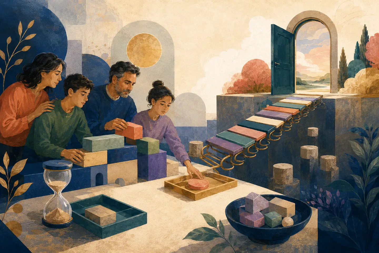 Editorial illustration: A family protects course blocks, a timed document tray, and a spring bridge that must remain complete before reaching an open door.