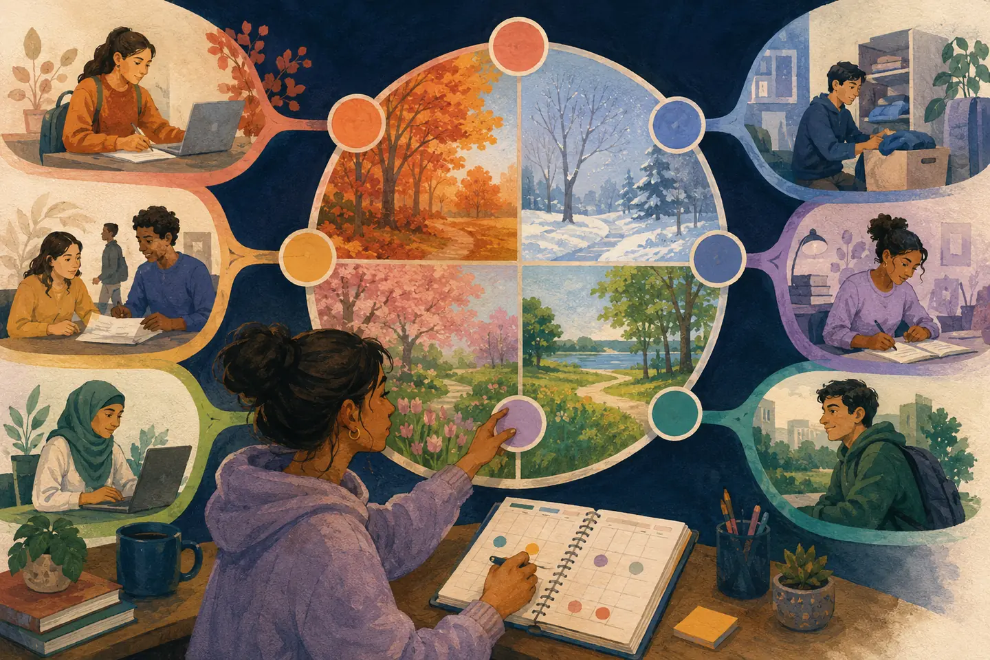 Editorial illustration: A student tends a four-season planning wheel with blank coloured milestones branching toward application, study, housing, funding, and transition scenes around a personal tracker.