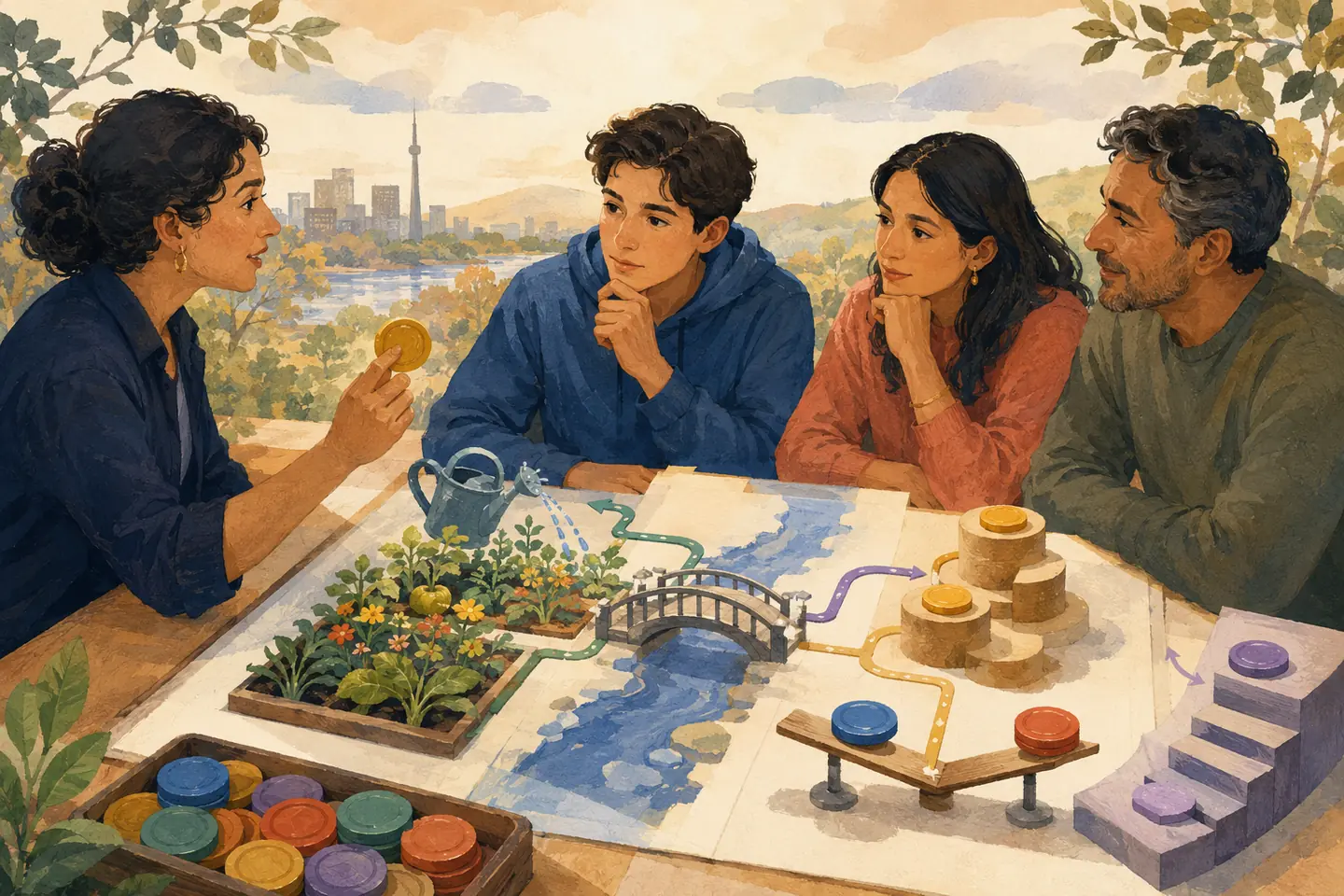 Editorial illustration: A family and advisor coordinate garden support, future bridges, staged savings, study-work balance, and course-load changes on a tabletop model.