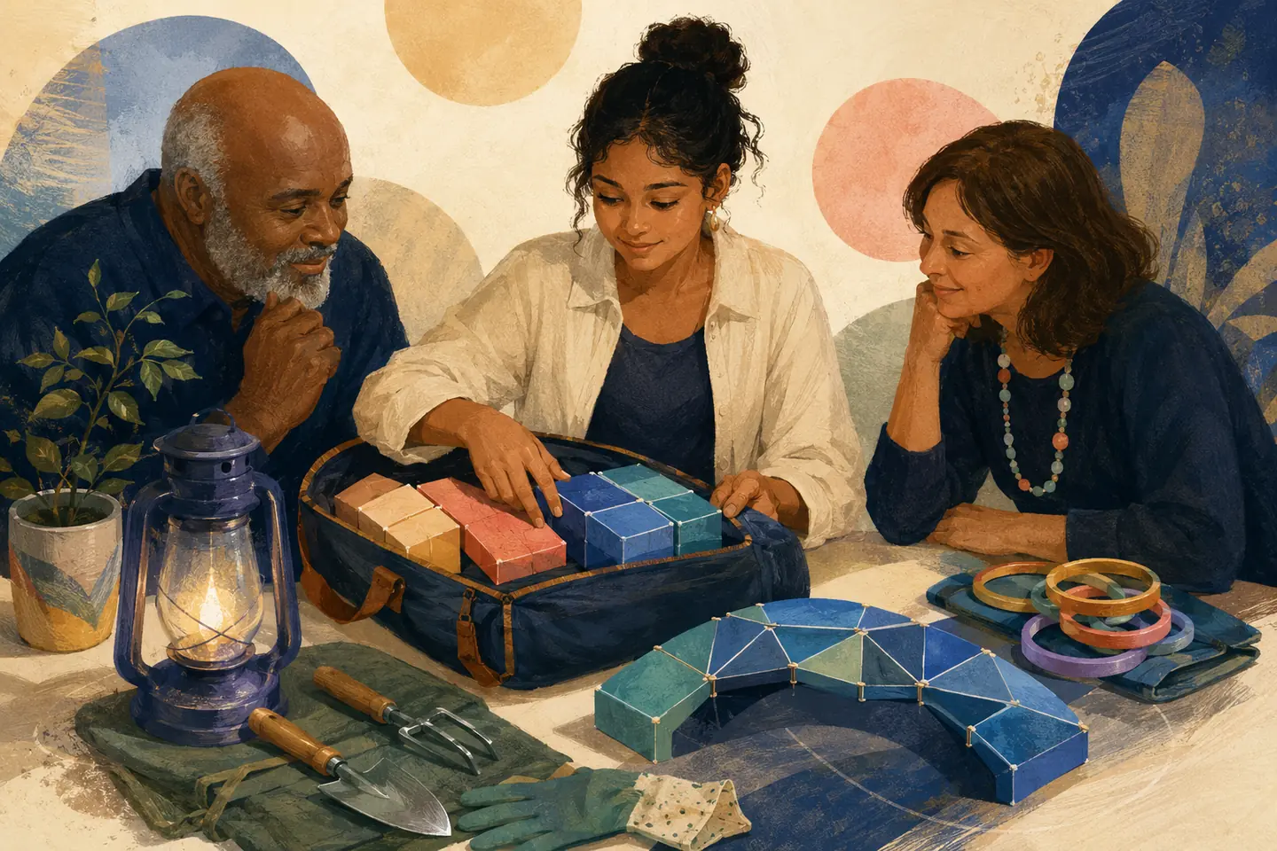 Editorial illustration: A student packs course blocks, cohort rings, a literacy lantern, community gardening tools, and a geometric learning bridge with family support.
