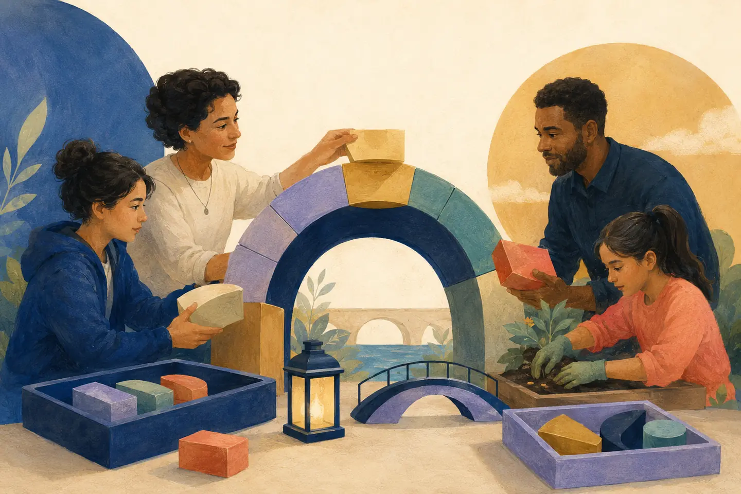 Editorial illustration: A student, family, and mentor assemble a graduation arch from course blocks, a lantern, a community garden, and alternate bridge pieces.