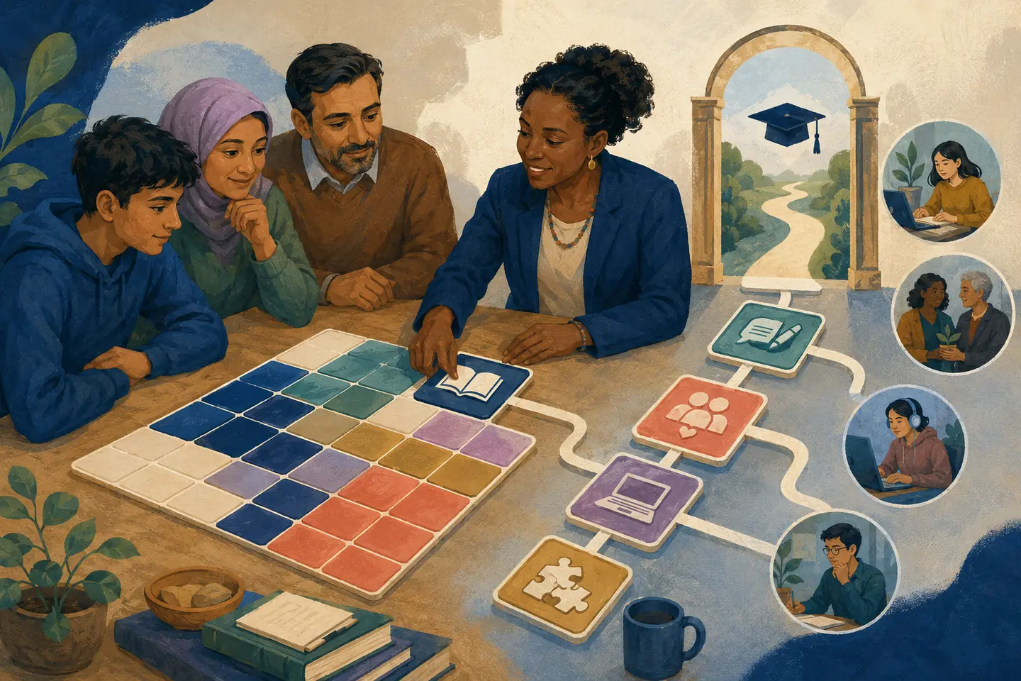 Editorial illustration: A newcomer student and family arrange a large mosaic of recognized credit tiles while a guidance professional connects the smaller set of remaining requirements to a graduation doorway.