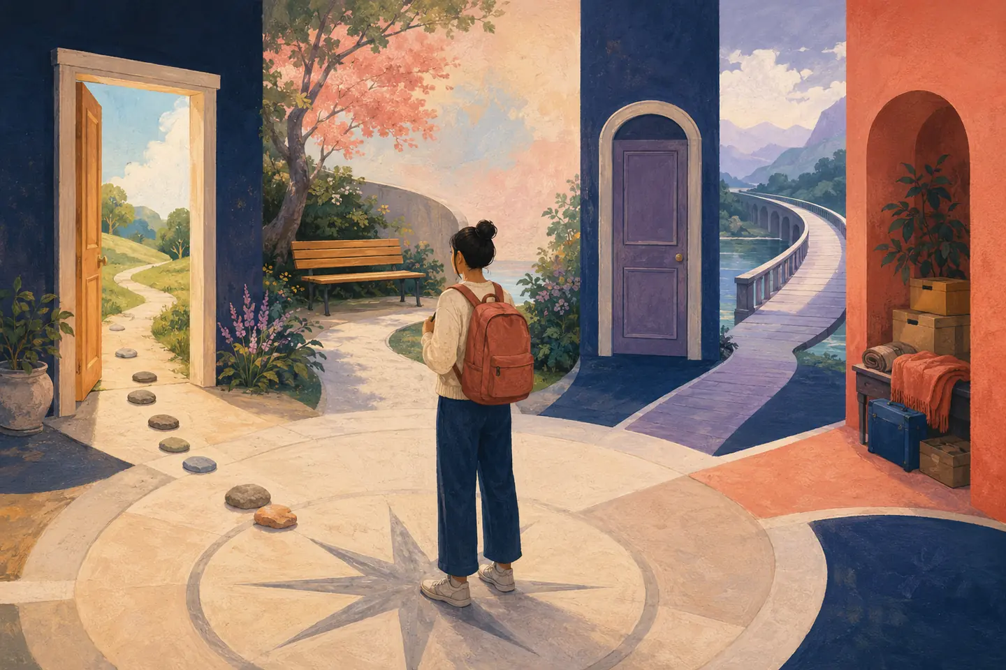 Editorial illustration: A student pauses in a calm station with an open path, waiting bench, closed door, alternate bridge, and storage alcove.