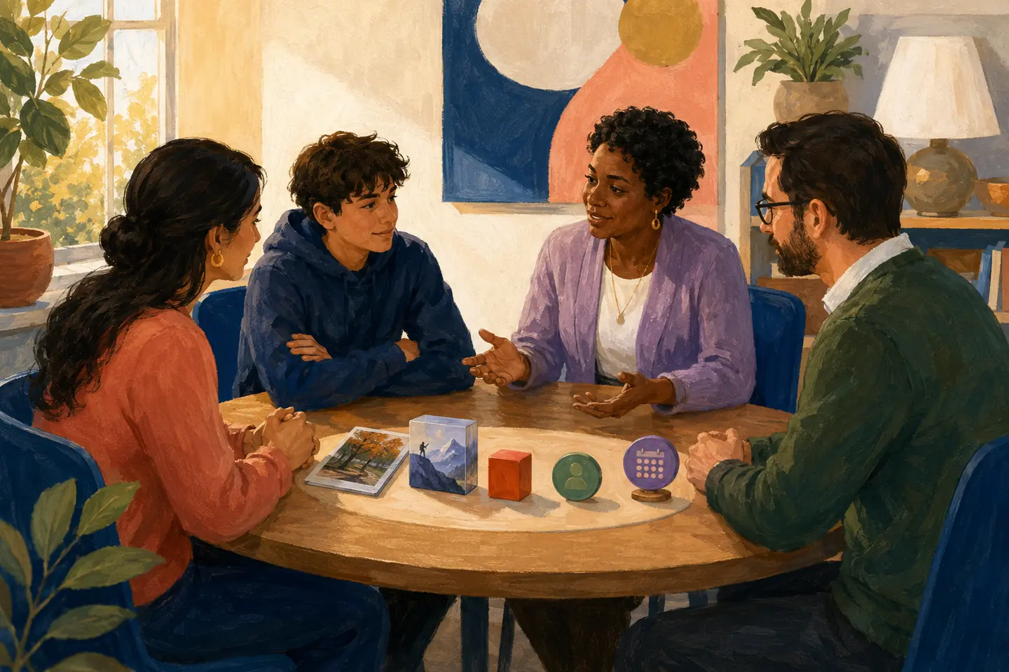 Editorial illustration: A student, caregiver, teacher, and guidance professional share a calm round-table conversation with a few concrete action and review objects.