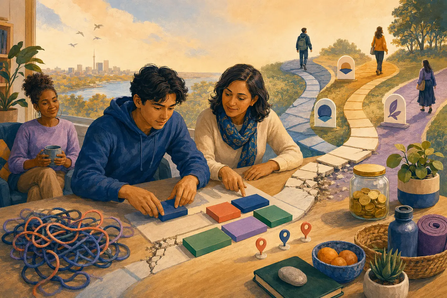 Editorial illustration: A student and adviser untangle a difficult term, rebuild a cracked path with course blocks, and consider three open routes forward.