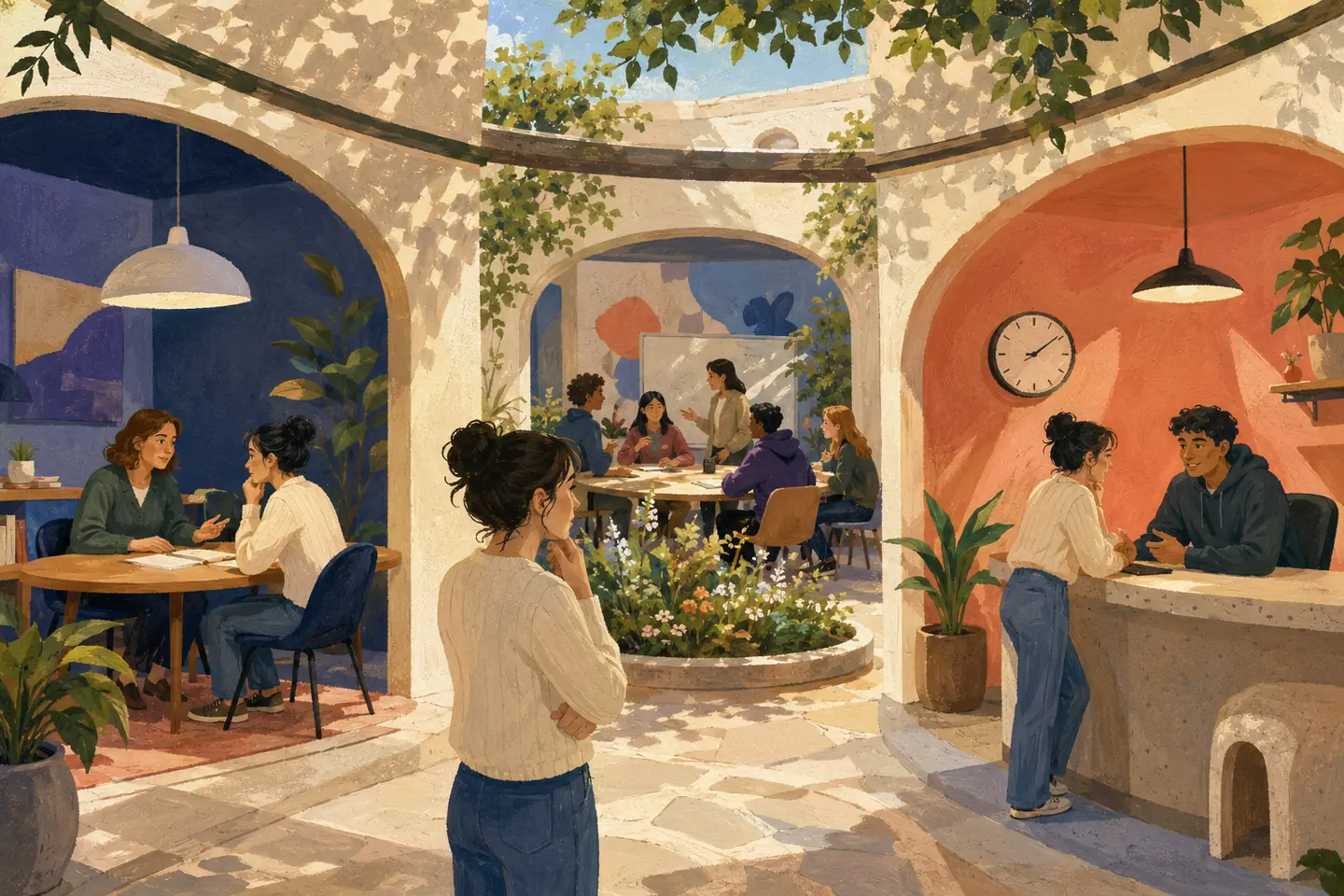 Editorial illustration: A student considers a quiet one-to-one table, a collaborative group workshop, and a short drop-in help counter around one courtyard.