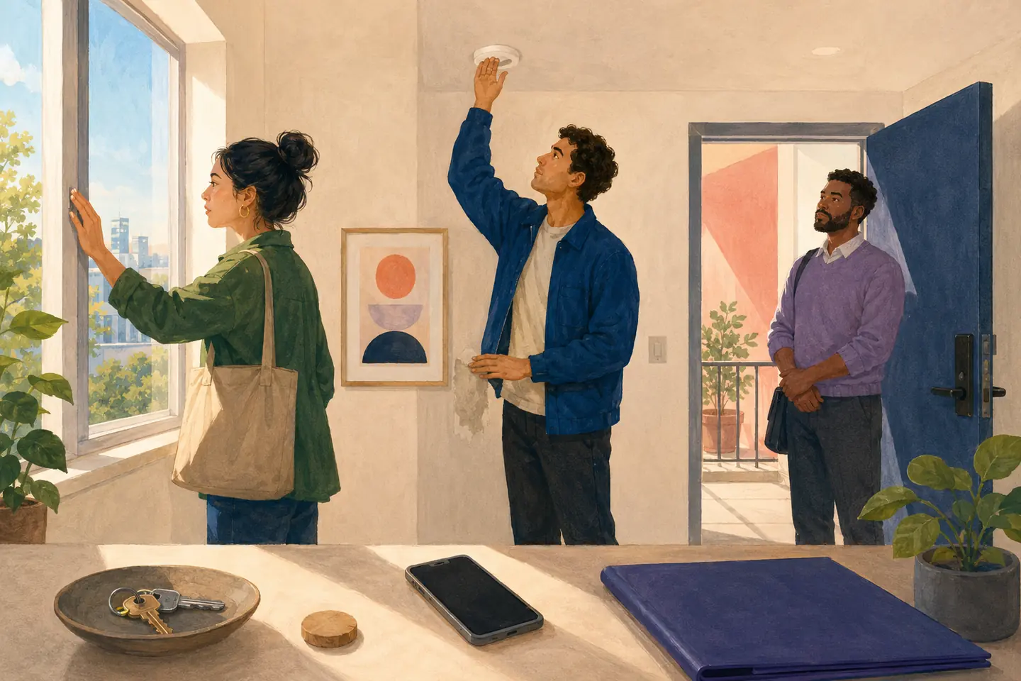 Editorial illustration: Two renters inspect a window, smoke alarm, wall repair, lock, keys, and phone while a property representative waits nearby.