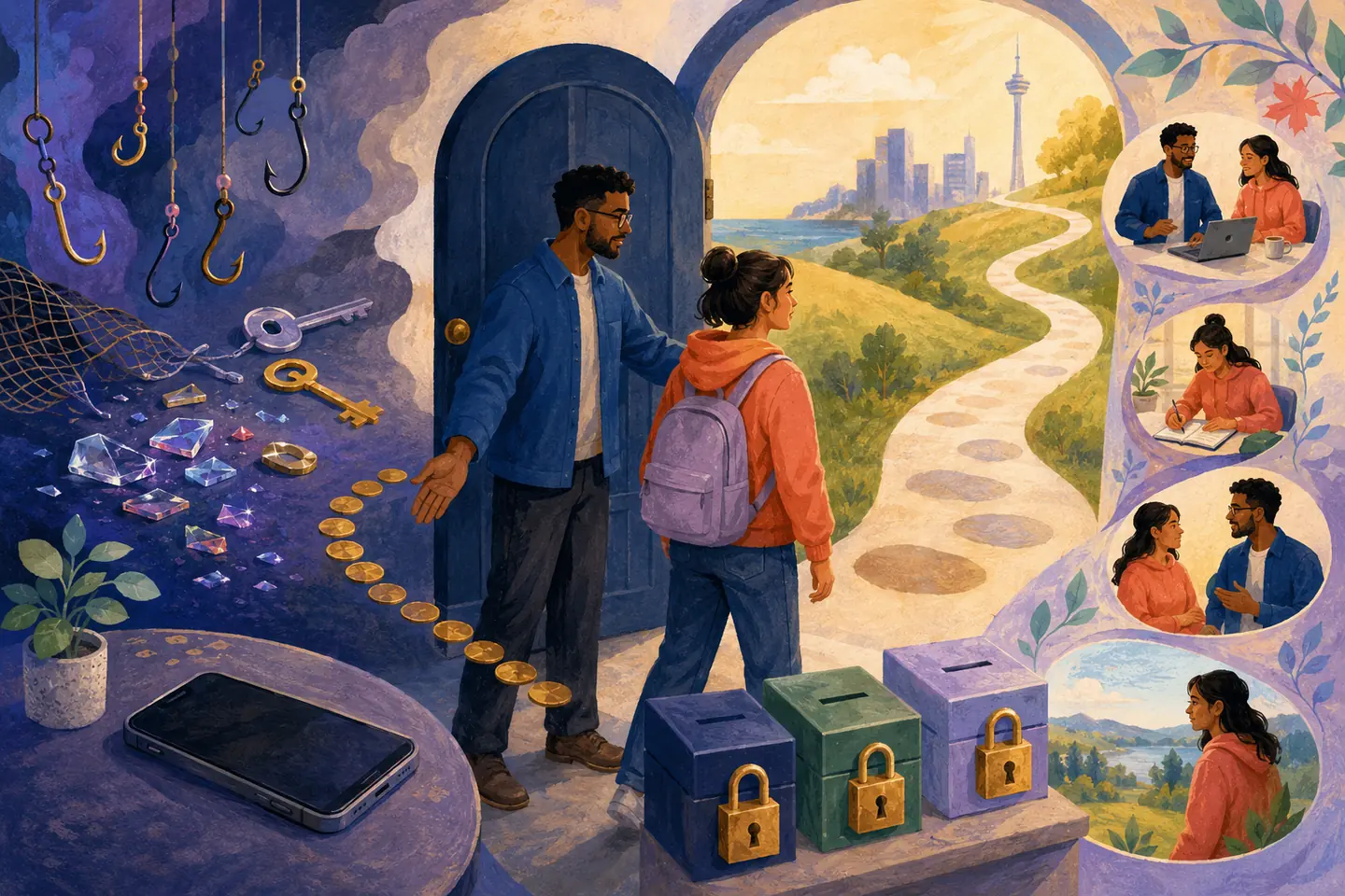Editorial illustration: A student and trusted helper leave hooks, imitation keys, glittering fragments, and a stopped coin trail behind a secure doorway.
