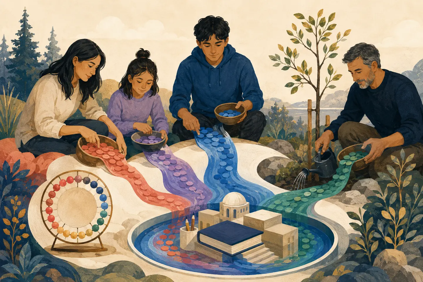 Editorial illustration: A multigenerational family guides four coloured streams of support into one education reservoir while tending a young tree.