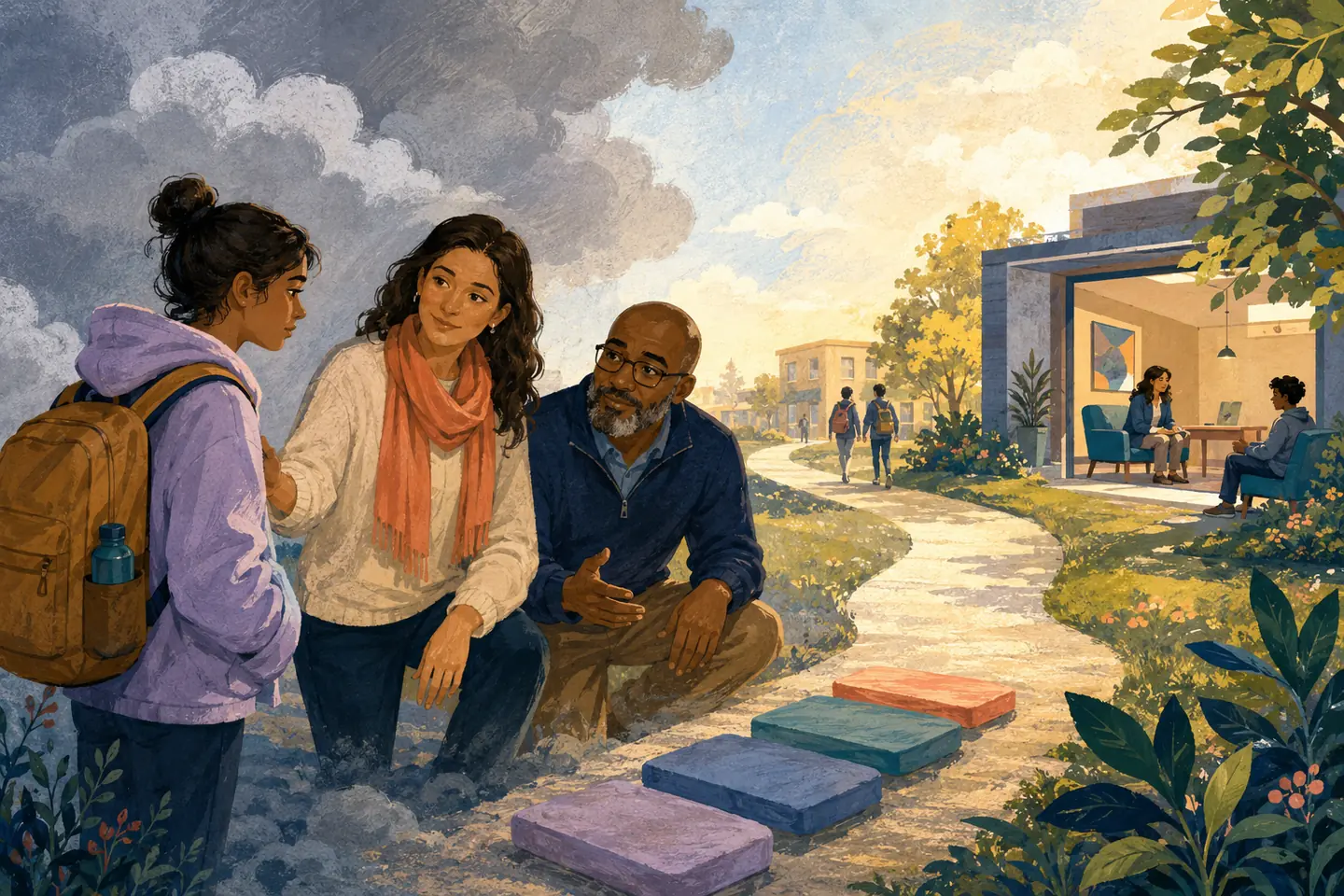 Editorial illustration: A stressed student stands with two trusted adults as small stepping stones lead from heavy clouds toward learning and professional support.